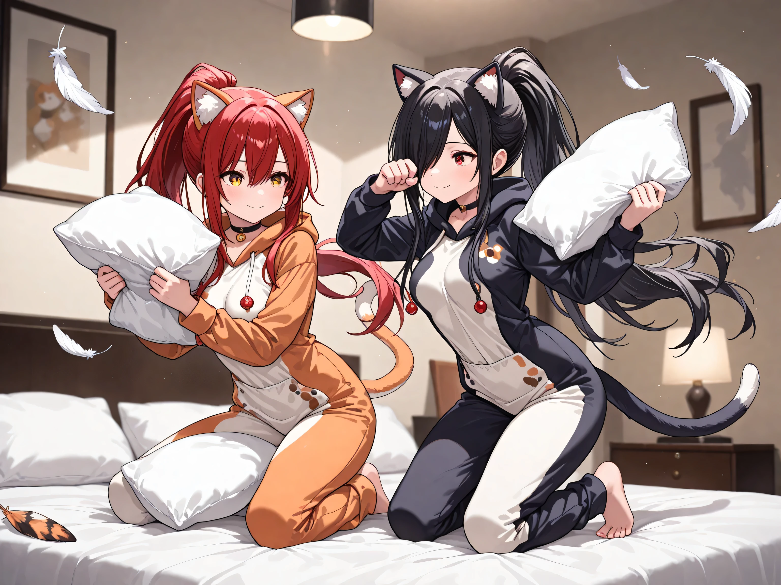 (EyesHD:1.2), ultra-detailed, very aesthetic, sharp focus, depth of field, vibrant colors, ray tracing, best lighting, detailed illustration, detailed background, cinematic, Shining Style Art, masterpiece, best quality, very aesthetic, highres, absurdres, round eyes, playful gaze, cheerful aura, full body, full smile, BREAK 1girl, (red eyes), hair over right eye, black hair, long hair, choker, medium breasts, (petite but curvy), (very cute), BREAK 1girl, red hair, long hair, ponytail, hair between eyes, long sidelocks, hair behind ear, (golden eyes), (medium breasts), cool, confident, BREAK , active pose, Calico Cat Pajamas, cat onesie, bedroom, modern bedroom, on the bed, pillow fight, pillow in hands, pillow fight against another, look at each other, dynamic pose, side view, action pose, flying feathers, pillows that are thrown