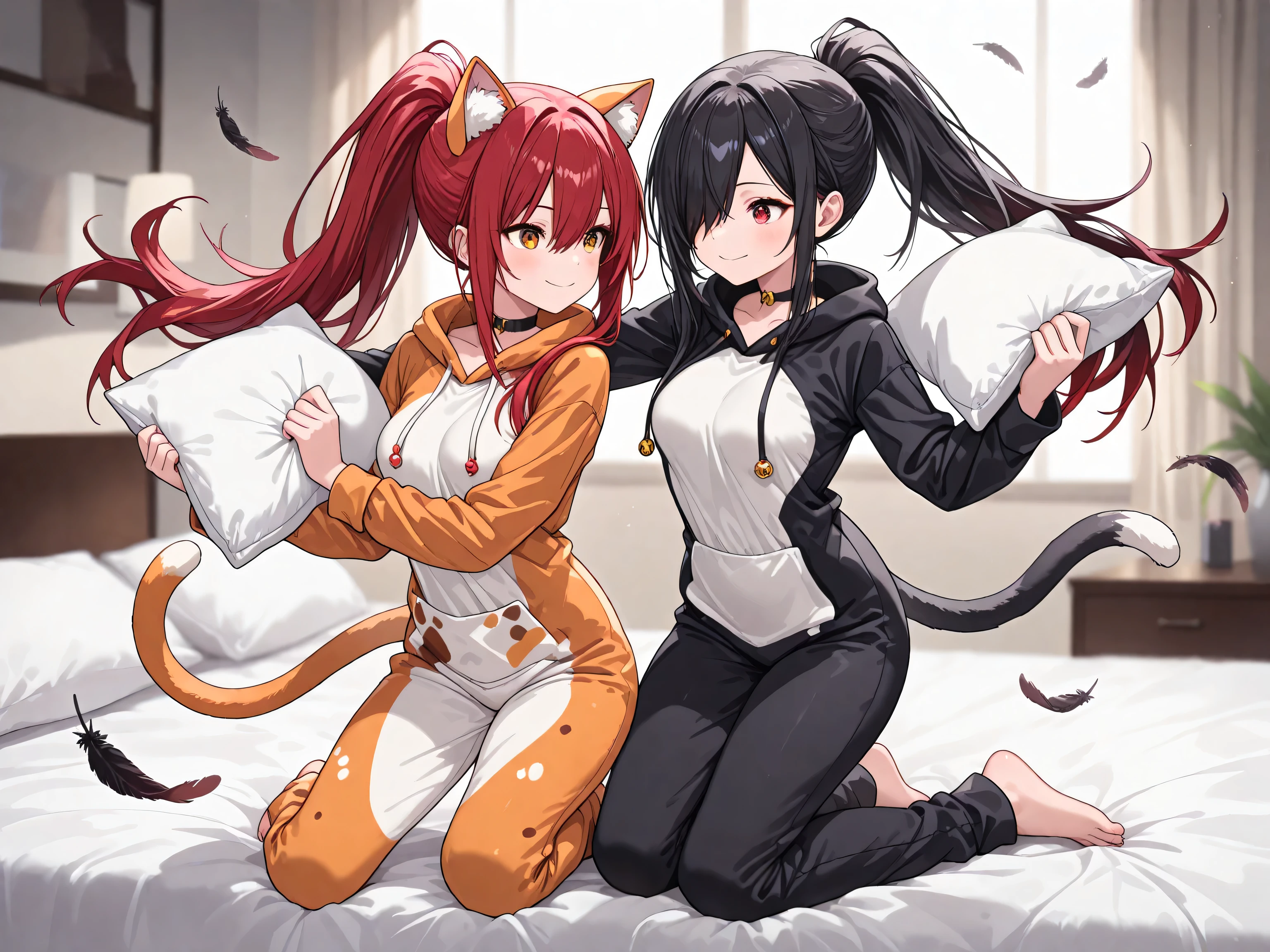 (EyesHD:1.2), ultra-detailed, very aesthetic, sharp focus, depth of field, vibrant colors, ray tracing, best lighting, detailed illustration, detailed background, cinematic, Shining Style Art, masterpiece, best quality, very aesthetic, highres, absurdres, round eyes, playful gaze, cheerful aura, full body, full smile, BREAK 1girl, (red eyes), hair over right eye, black hair, long hair, choker, medium breasts, (petite but curvy), (very cute), BREAK 1girl, red hair, long hair, ponytail, hair between eyes, long sidelocks, hair behind ear, (golden eyes), (medium breasts), cool, confident, BREAK , active pose, Calico Cat Pajamas, cat onesie, bedroom, modern bedroom, on the bed, pillow fight, pillow in hands, pillow fight against another, look at each other, dynamic pose, side view, action pose, flying feathers, pillows that are thrown