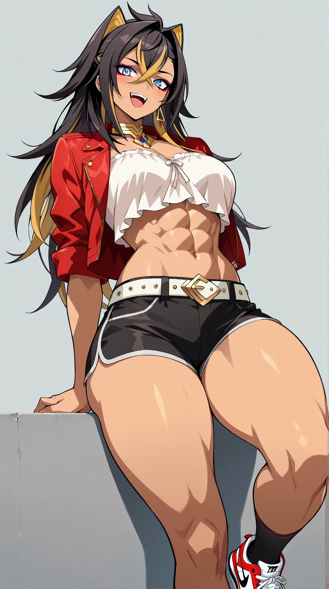 (masterpiece:1.2), (best quality:1.2), perfect eyes, perfect face, perfect lighting, 1girl, mature female, long hair, bored, pompadour cut, muscular, toned, navel, sit-ups, sweat, thick thighs, broad shoulders, arm muscles, leg muscles, slutty bikini, in the gym, thick eyelashes, makeup, Power of Chainsaw Man