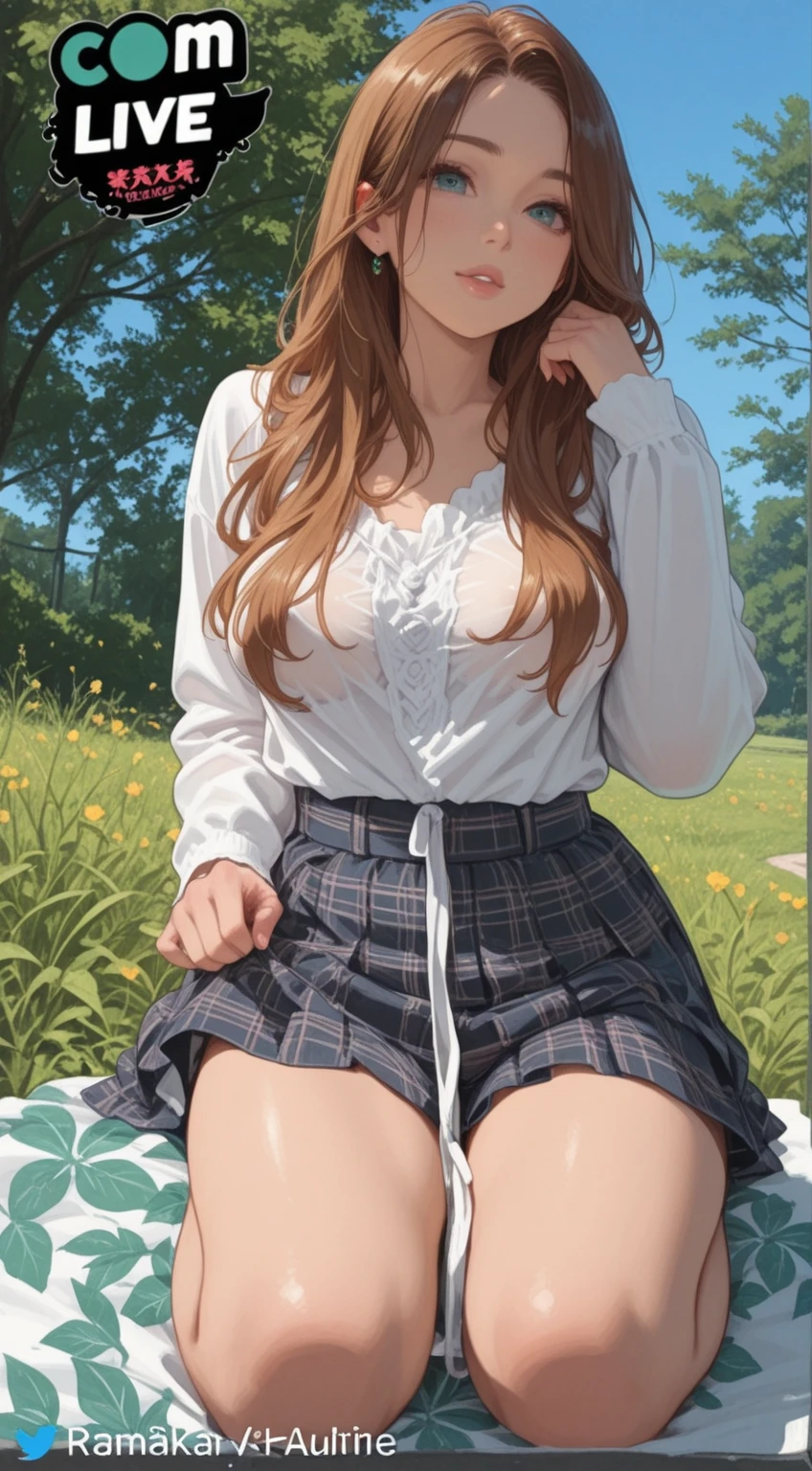(highest quality), Super detailed), (Ultra High Resolution 8K), High-definition facial beauty, ((Skirt Lift)) , (((Blushing, Embarrassing))), Cute smiling girl, (Big Breasts), Detailed knitwear, Floral Print Lounge Slit Skirt, Showing off her red see-through panties, Very hot day, Shade, ((Sit down and seduce)), Wet see-through panties