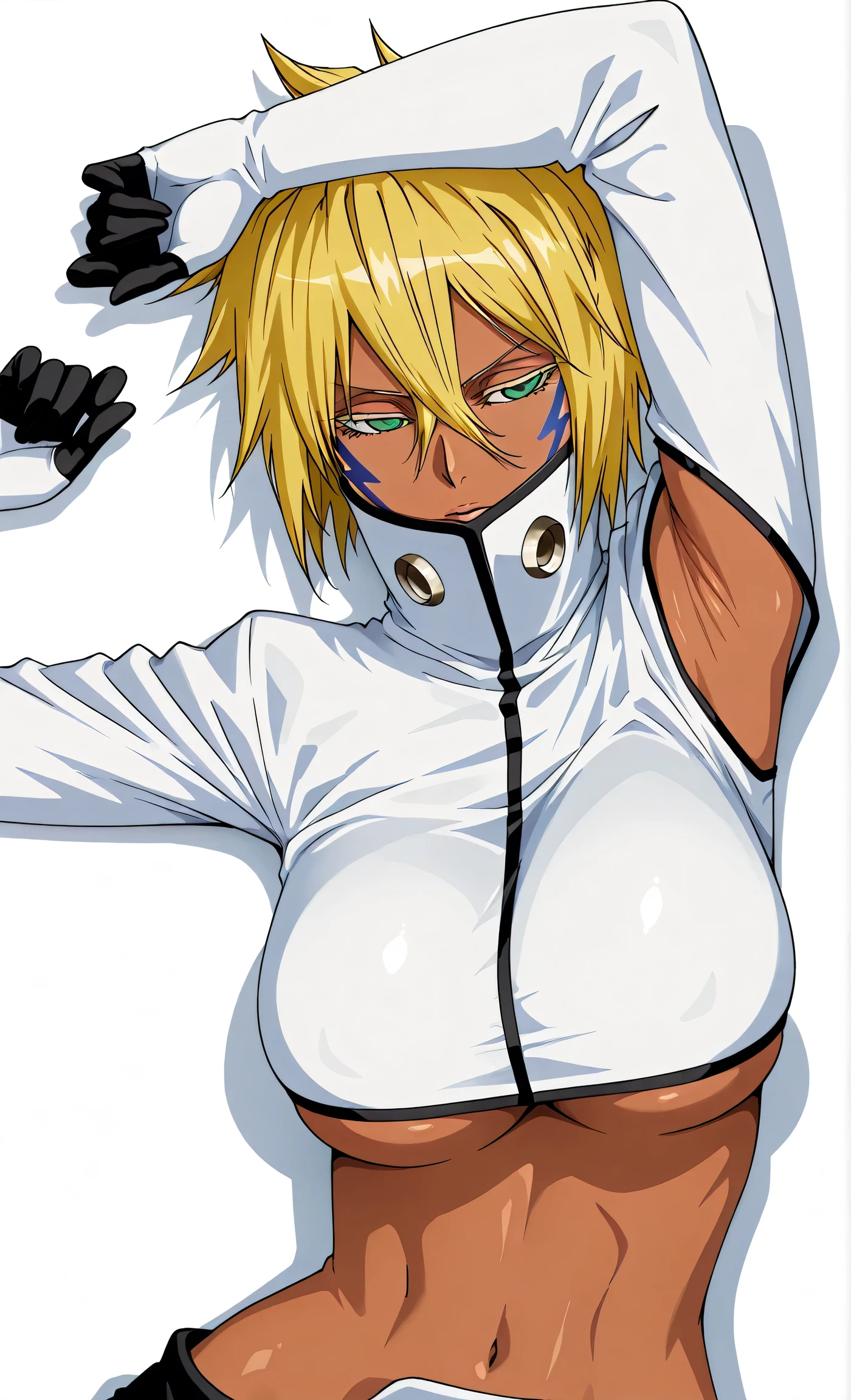 masterpiece, best quality, amazing quality, anime screencap, anime coloring, 1girl, solo, tier_harribel, dark skin, blonde hair, short hair, green eyes, hair tendrils, face marking, arrancar outfit, white cropped jacket, high collar, long sleeves, armpit cutout, exposed armpit, underboob, revealing clothing, light source in front, lying on back, from above, white background, simple background