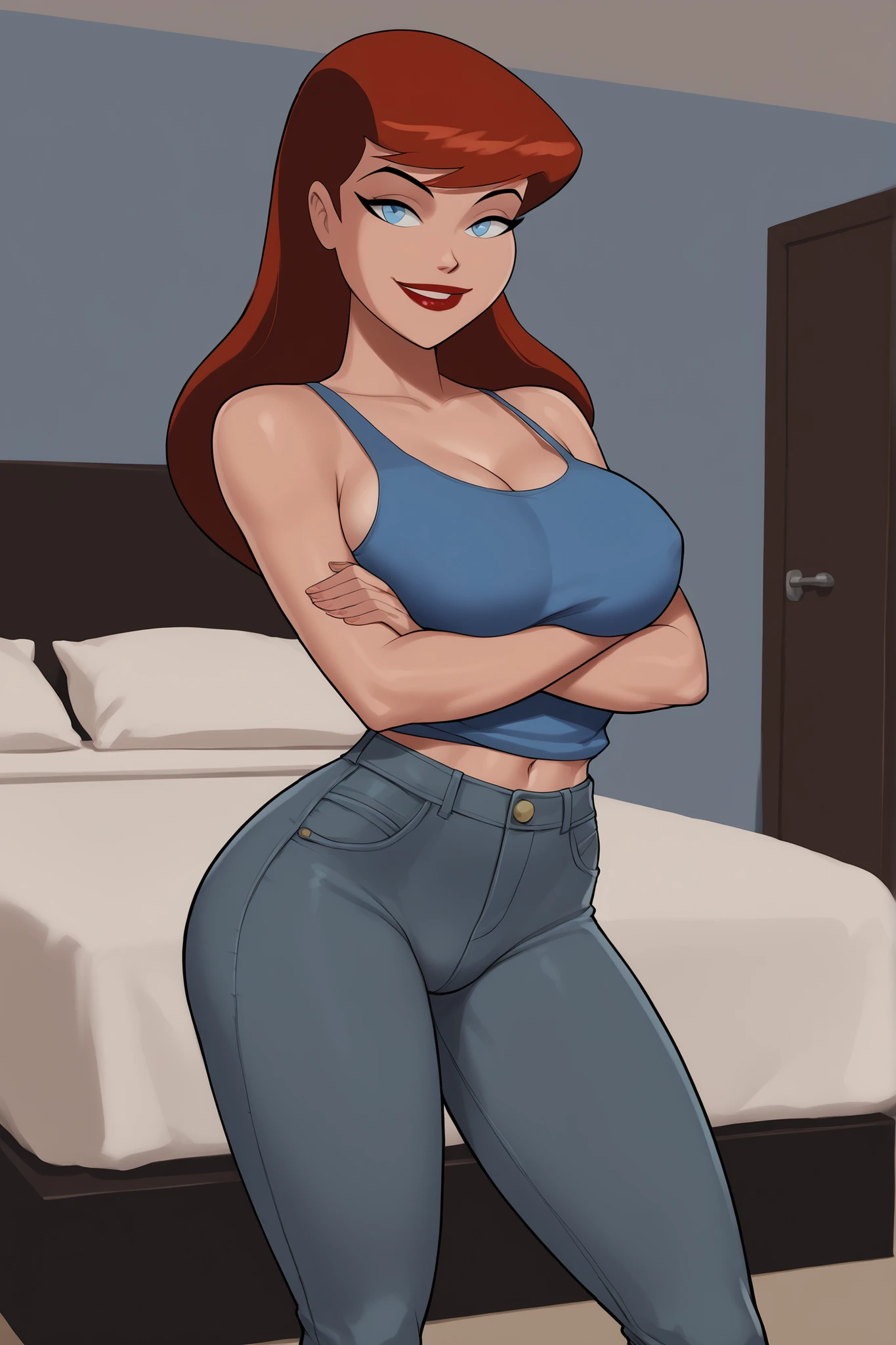 1980s (style), retro artstyle, source_cartoon, score_9, score_8_up, score_7_up, score_6_up, ((zPDXL2)), (cartoon, highly detailed, masterpiece, absurd resolution, perfect anatomy), cowboy shot BREAK barbara gordon, long hair, red hair, blue eyes, solo, ((looking at viewer)), bright red lipstick, makeup, blue tank top, gray jeans, large breasts, curvy, athletic, standing, indoors, bedroom, happy expression, smiling, closed mouth, arms crossed, crossed arms