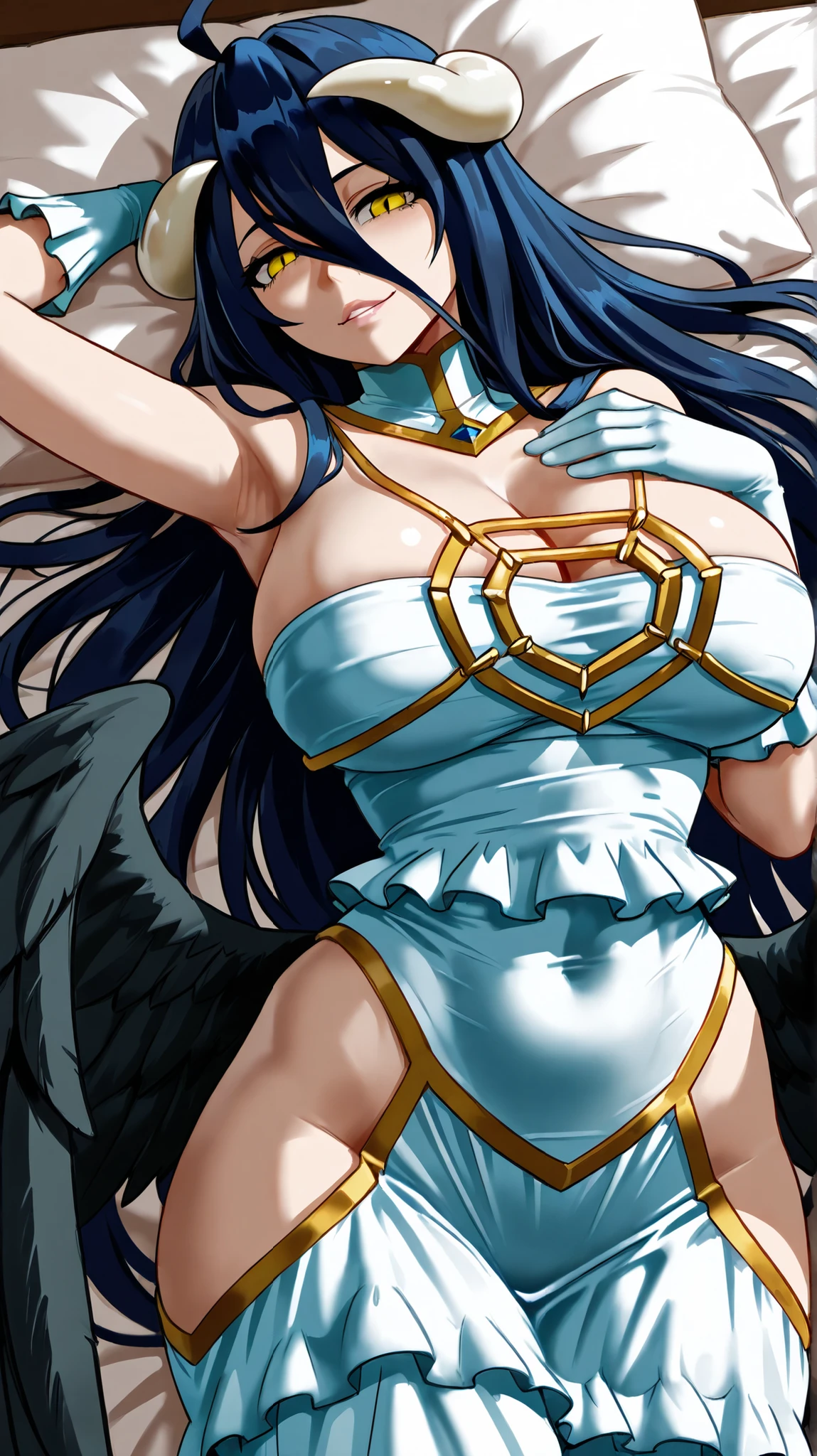 Black hair, blue eyes, large breast, sexy, beautiful body, bed, Masterpiece, angel, white wings, smile