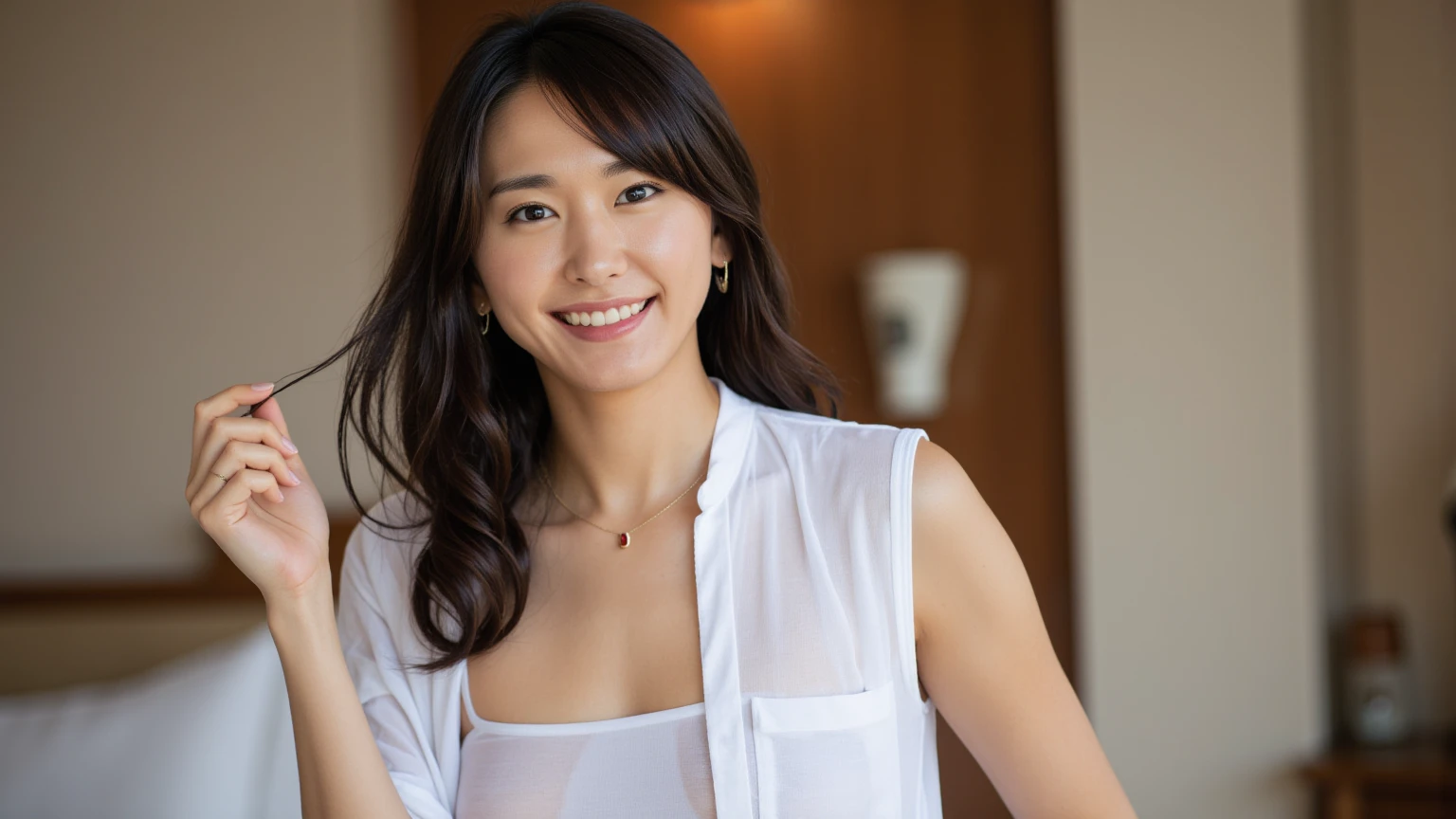 (highest quality, 8K, 32K, masterpiece, UHD:1.2),beautiful woman pictures, 50-year-old Japanese woman with age-appropriate wrinkles, natural makeup, and flat chest, smile, (Wrinkles:1.5) at the corners of the eyes, (laugh lines), wrinkled skin, thin lips, slender face, long-slitted eyes, ((whole body)),Are standing,face focus, extra large size_white t-shirt,one person,morning,nature,healthy,stylish,Good posture,sporty,simple room,Fashion Model,Up Hairstyles