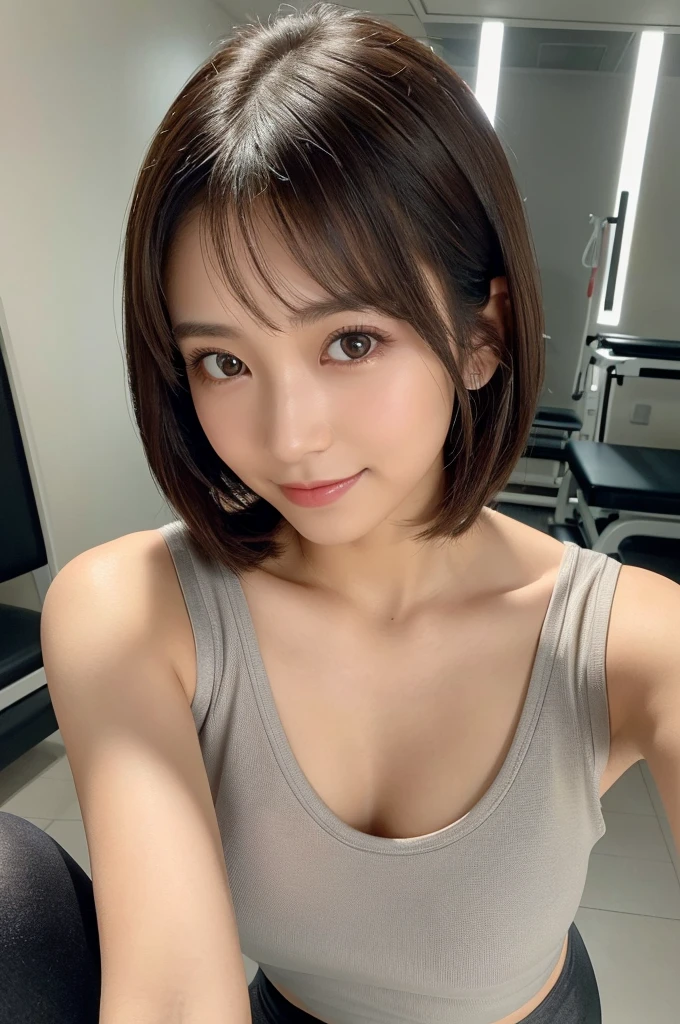 masutepiece, Best Quality, Photorealsitic, finely detail, hight resolution, 8K Wallpapers, Perfect dynamic composition, Beautiful detailed eyes, Medium short wavy hair,gray training wear、Body wet with sweat、Breast bulge、yoga pose、Beautiful armpits、A smile、bokeh feeling、natural、wood floor、25-years old、(Drooping eyes 1.3)、Adult beauty、japanes、extremely detailed fingers