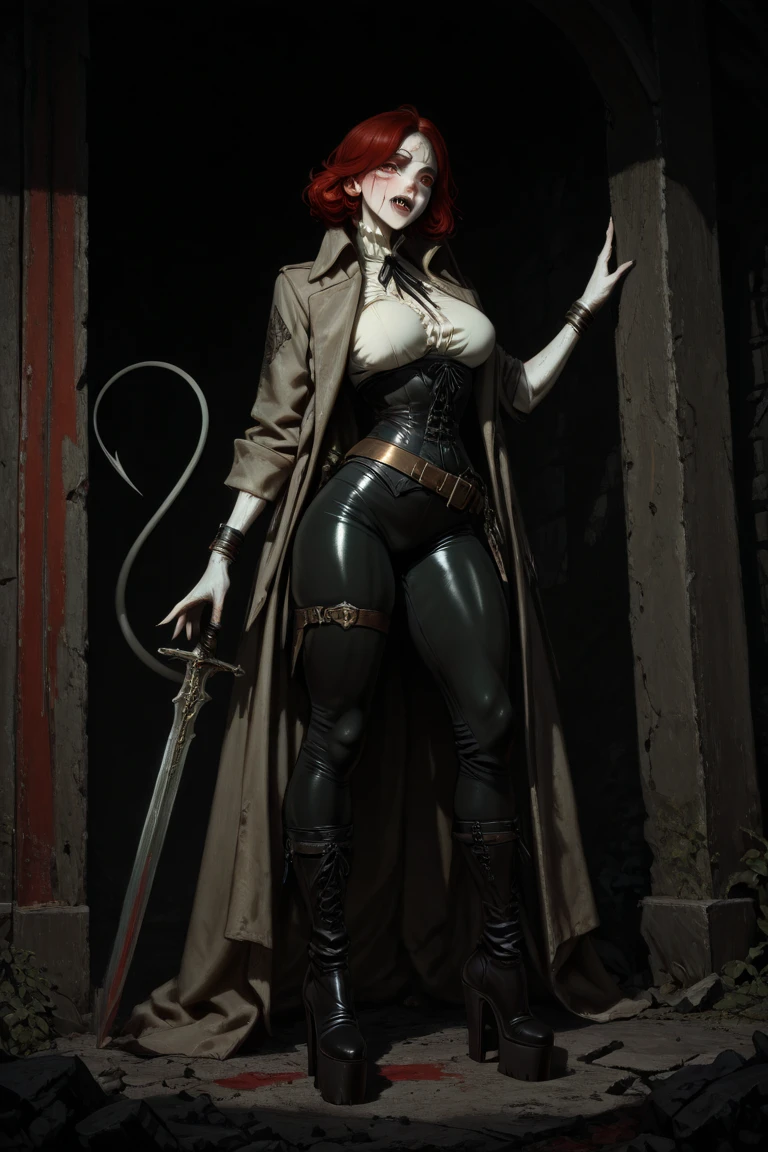 a woman with red lipstick has armor on and is holding a sword, kirijou mitsuru, 1girl, solo, hair over one eye, long hair, (((red hair))), (((red eyes))), weapon, rapier, sword, bodysuit, black bodysuit, grey bodysuit, hand on hip, (((large breasts))), simple background, white background, (purple theme:1.2)