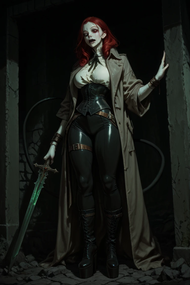 The girl had snow-white skin on her face, she had a black patch covering her right eye, her left eye was large, bright green with red hair reaching the middle of her back, her face was cute and delicate features, although with a sword scar running down her left cheek,  She was wearing a gray trench coat and underneath it she wore very tight pants with mid-calf platform boots, wearing a black corset, covering her large breasts the size of grapefruits, with a loose double band belt in which she carried a large number of bullets as well as in each thigh she had 8 black cylinders. Instead of having teeth, she had sharp fangs that glowed, dimly reflecting the light around her, and with a thin tail around her waist.