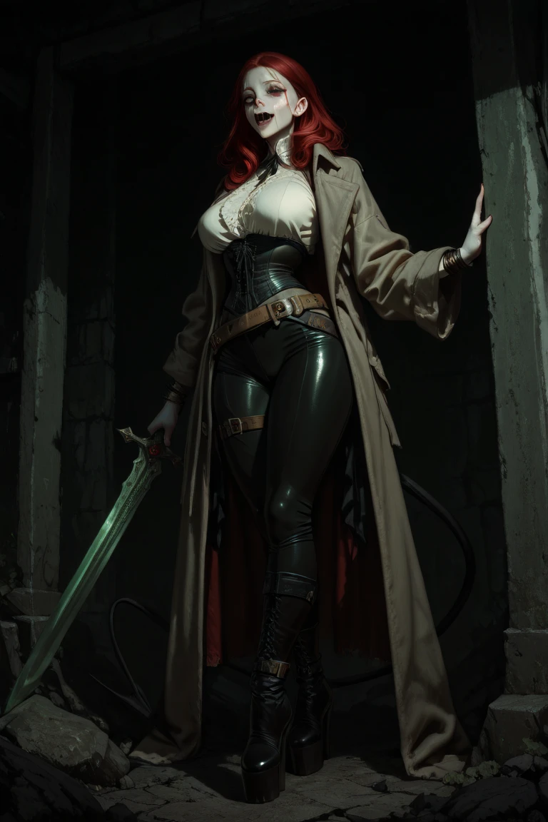 The girl had snow-white skin on her face, she had a black patch covering her right eye, her left eye was large, bright green with red hair reaching the middle of her back, her face was cute and delicate features, although with a sword scar running down her left cheek,  She was wearing a gray trench coat and underneath it she wore very tight pants with mid-calf platform boots, wearing a black corset, covering her large breasts the size of grapefruits, with a loose double band belt in which she carried a large number of bullets as well as in each thigh she had 8 black cylinders. Instead of having teeth, she had sharp fangs that glowed, dimly reflecting the light around her, and with a thin tail around her waist.