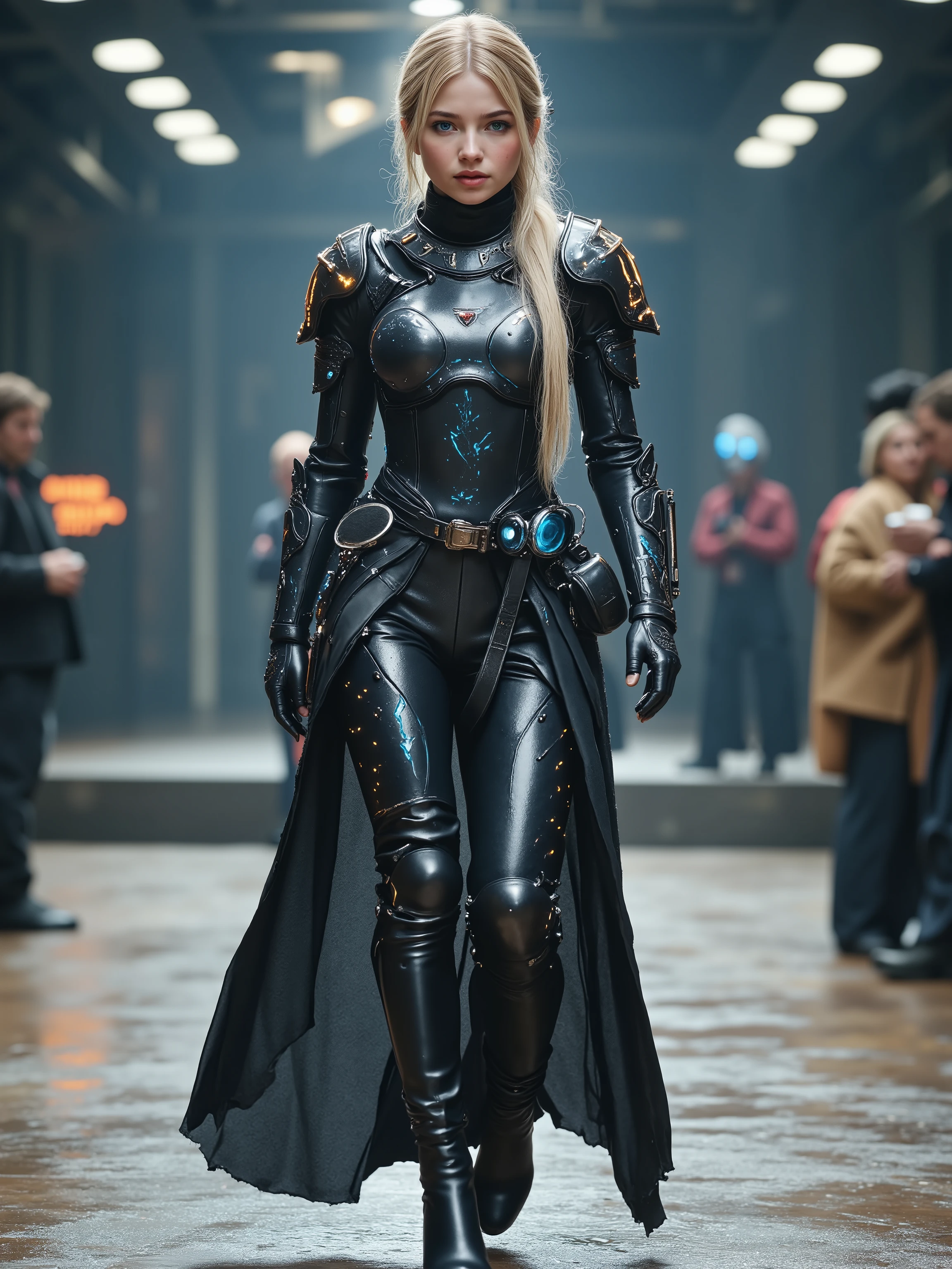 A stunning pretty young lady, blonde hair, a cyberpunk warrior, wearing full ghost armor, horriffic look, thunder Blue eyes, glowing blue fire eyes, longer hair, pony tail, gorgeous lady, full body image, full body view, wearing armored robes with mitrif cutouts, glowing skin, Photorealistic, UHD, hyper realistic, high tech headset, future fashion, walking elegantly on a catwalk,