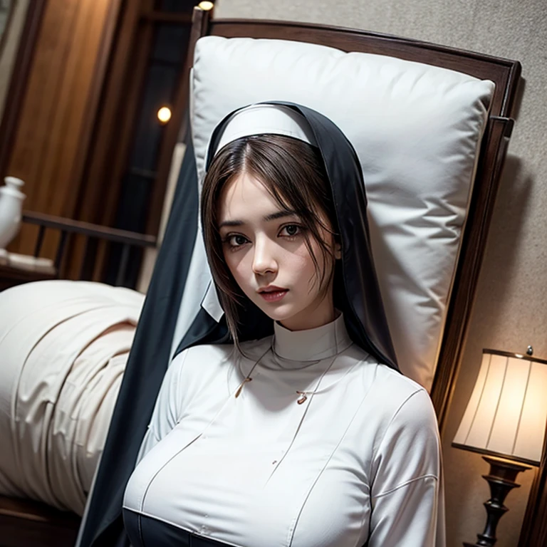 a 30 yo woman,(high-top fade:1.3),long whitr hair,dark themes,soothing tones,pastel colour,hight contrast,(Natural skin texture,ultra-realistic realism,the soft light,Sharp),lewd nun,full bodyesbian