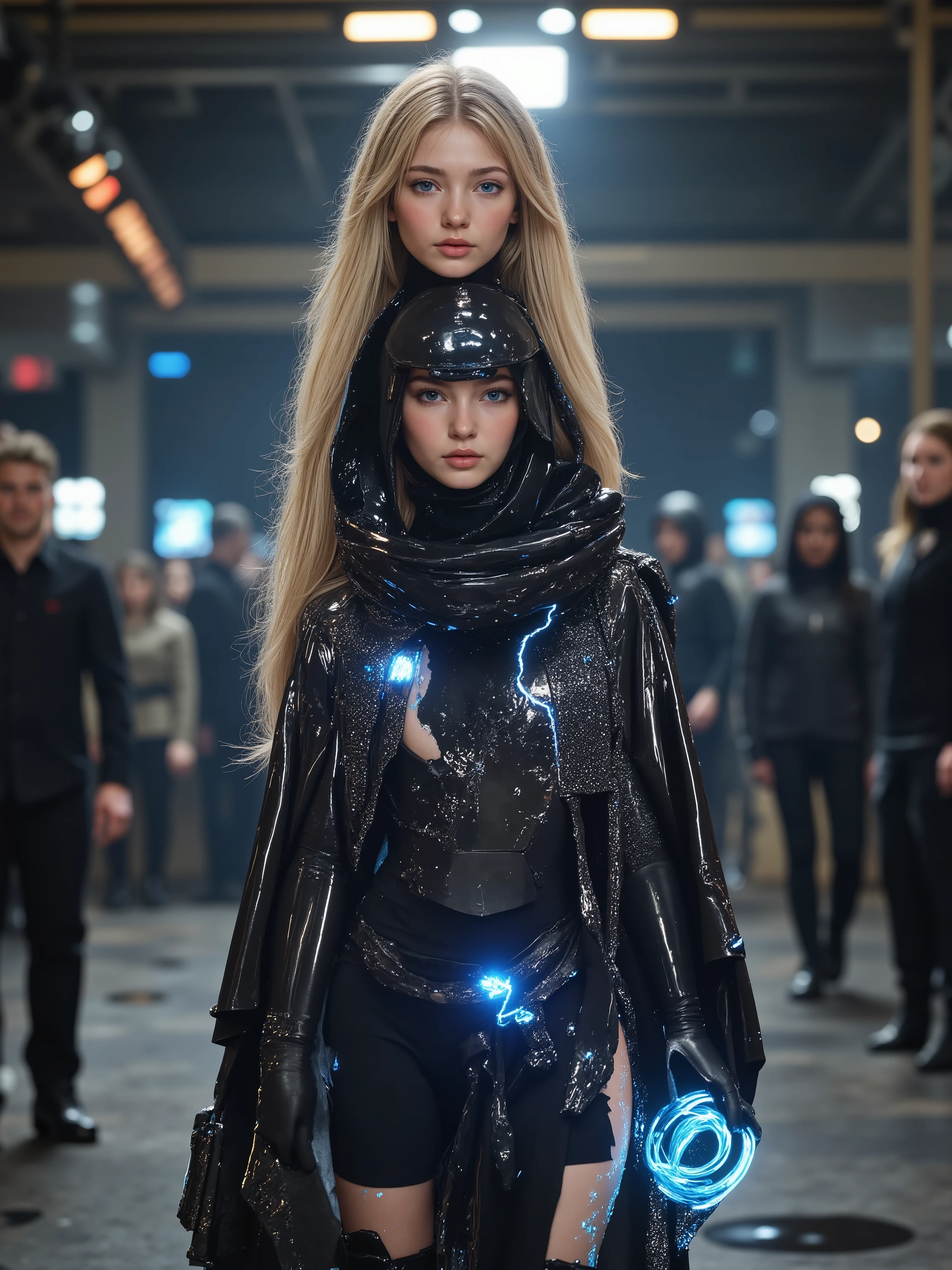 A stunning pretty young lady, blonde hair, a cyberpunk warrior, wearing full ghost armor, horriffic look, thunder Blue eyes, glowing blue fire eyes, longer hair, pony tail, gorgeous lady, full body image, full body view, wearing armored robes with mitrif cutouts, glowing skin, Photorealistic, UHD, hyper realistic, high tech headset, future fashion, walking elegantly on a catwalk,