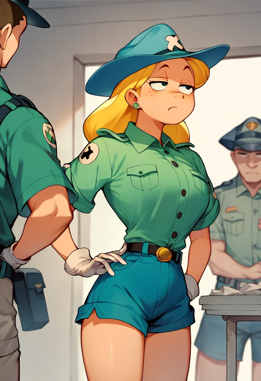 masterpiece, best quality, ingrid_academy, braided ponytail, baseball cap, baseball uniform, baggy pants, holding baseball bat, ((torn clothes)), ((beaten and injured person)), ((crying)), ((big tits)), ((thick thighs)), ((Defeated)), green eyes