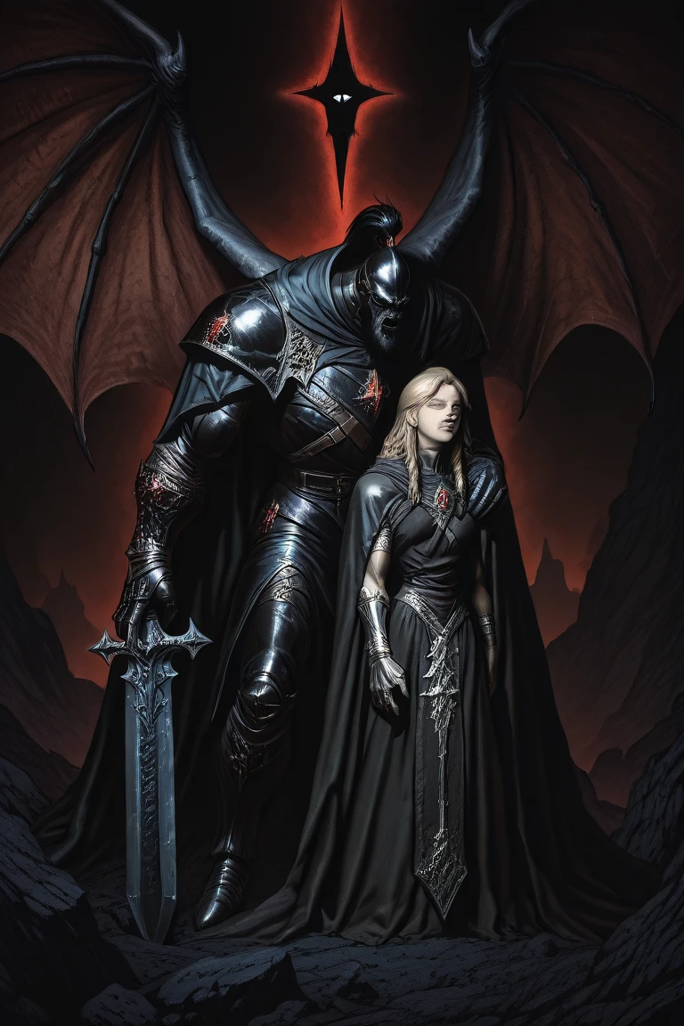 A great man, tall and muscular, with hair ashen blond and eyes gray, with a prosthetic metal left arm carrying a great sword, dress in leather black armor with a clack cape looking like dragon wings, a veteran harden warrior, with a sad menacing look in his face, between 20 and 30 years all, in a dark menacing wood