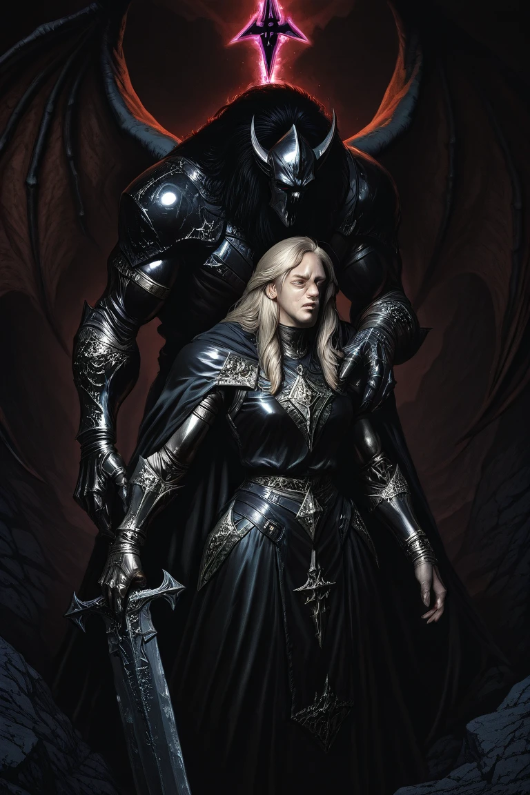 A great man, tall and muscular, with hair ashen blond and eyes gray, with a prosthetic metal left arm carrying a great sword, dress in leather black armor with a clack cape looking like dragon wings, a veteran harden warrior, with a sad menacing look in his face, between 20 and 30 years all, in a dark menacing wood