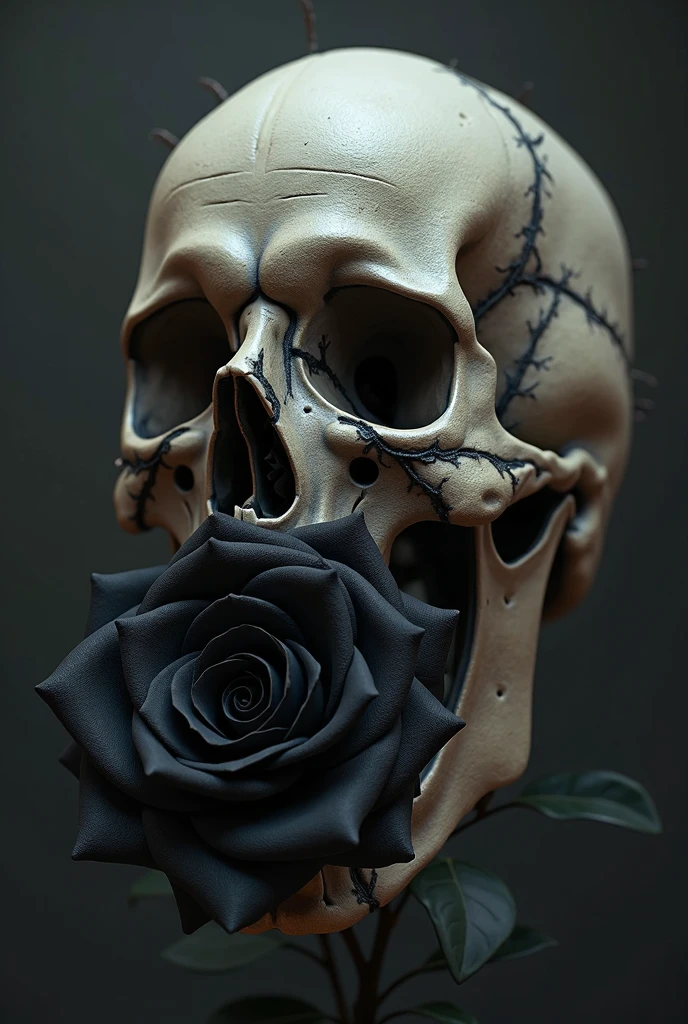skull, white rose, black snake, monochrome photo
