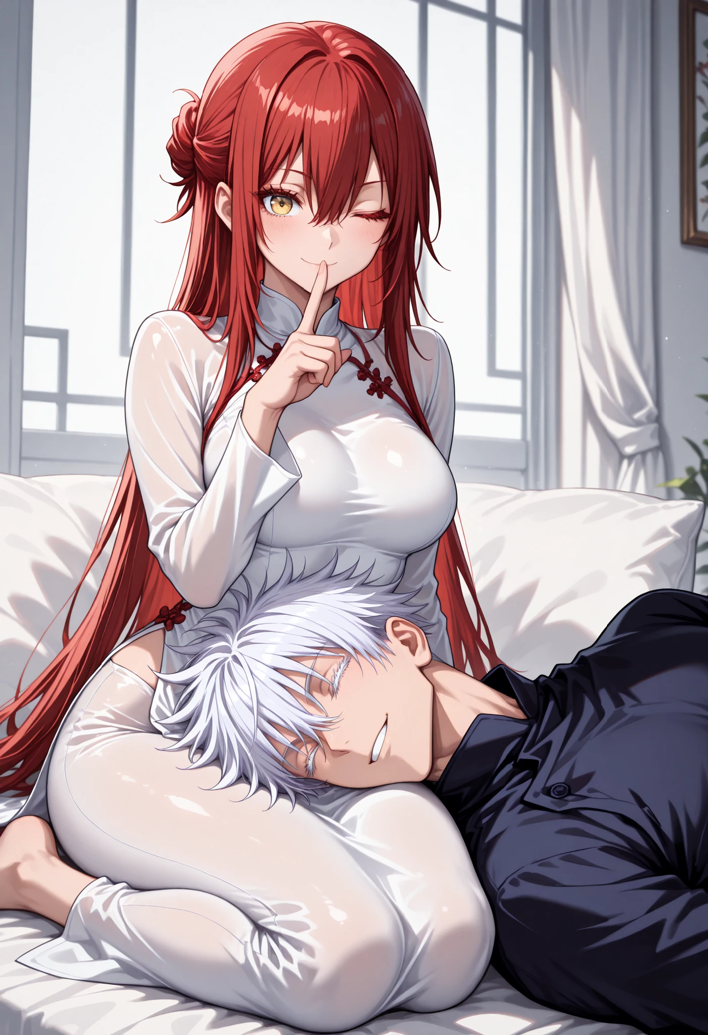 (8k, best quality, masterpiece:1.2), (sharp focus:1.0) , duo focus, couple, hetero, very cute couple, romantic, height differnce, size differenz, dynamic pose, BREAK 1 girl , golden eyes , very long hair , long sidelocks, red hair , petite , very cute , beautiful ,Straight hair, cool, handsome, hair between eyes, medium breasts ,half updo, vietnamese dress, vietnamese clothes, wariza, sitting, cushion, (naughty face:1.0),(finger to mouth:1.0),(wink:1.3),(head diagonally:1.2) BREAK 1man, gojou satoru /(jujustu kaisen/), closed eyes, white hair, short hair, detailed eyelashes, colored eyelashes, sexy man, trained body, muscular, handsome, cool, mature man, vietnamese clothes, lying, (lying head on lap:1.2)