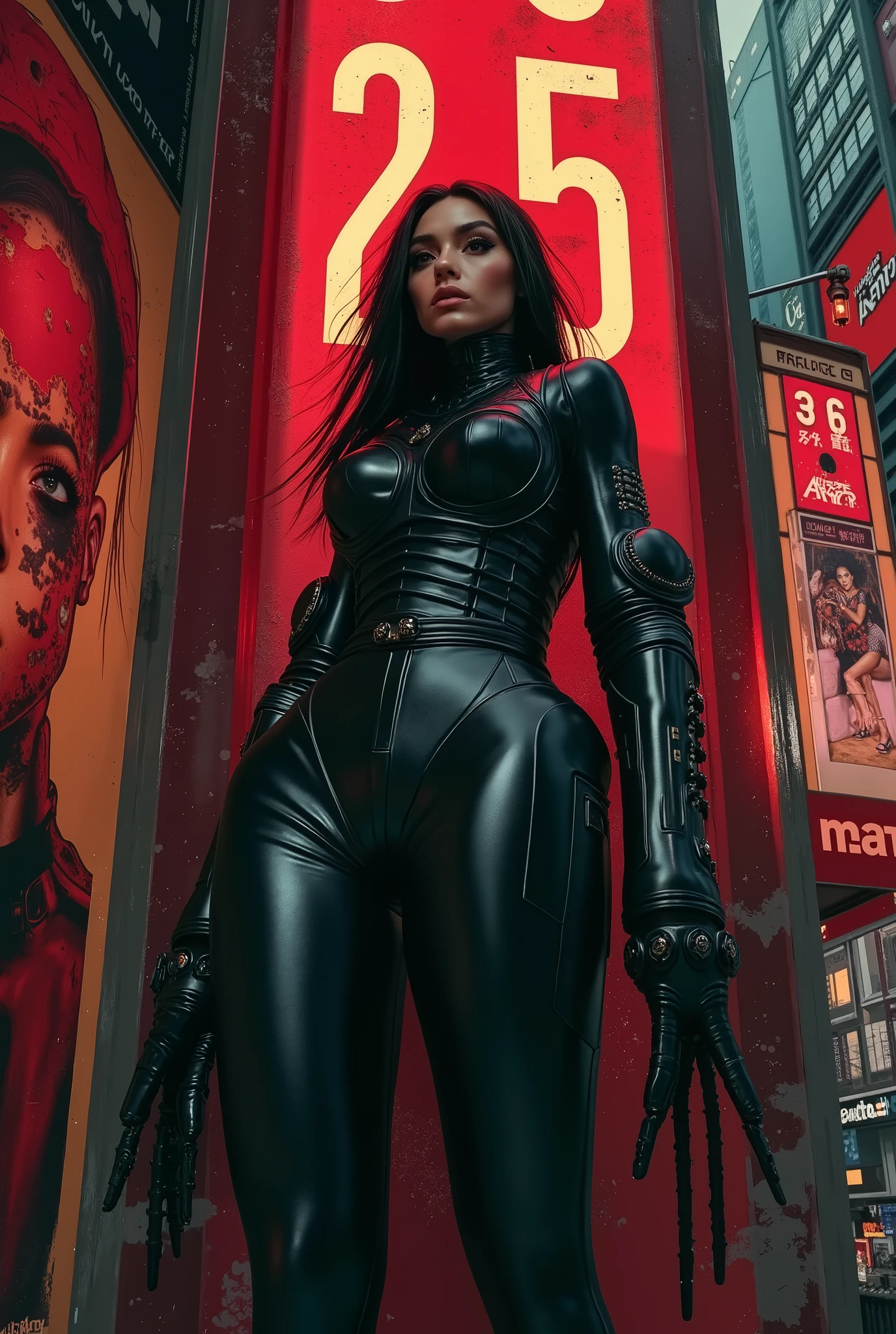 Cyberpunk digital art, a sci-fi female model in a skin-tight concept jumpsuit with elements of cyber armor, leaning against a wall with huge neon numbers: "3025", on Cyberpunk Street, with neon signs and large advertisements for supermodels in red and black colors.