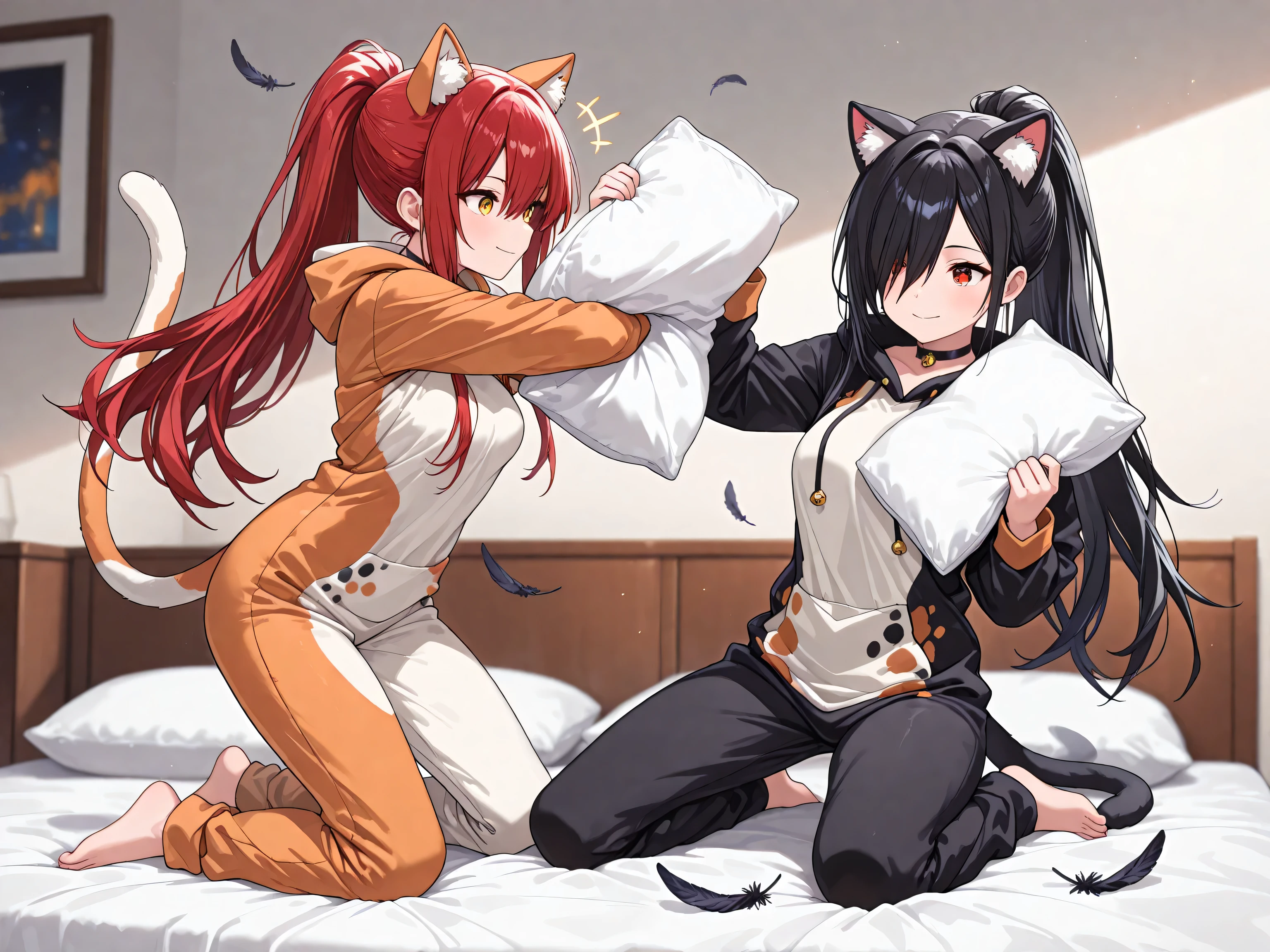 (EyesHD:1.2), ultra-detailed, very aesthetic, sharp focus, depth of field, vibrant colors, ray tracing, best lighting, detailed illustration, detailed background, cinematic, Shining Style Art, masterpiece, best quality, very aesthetic, highres, absurdres, round eyes, playful gaze, cheerful aura, full body, full smile, BREAK 1girl, (red eyes), hair over right eye, black hair, long hair, choker, medium breasts, (petite but curvy), (very cute), BREAK 1girl, red hair, long hair, ponytail, hair between eyes, long sidelocks, hair behind ear, (golden eyes), (medium breasts), cool, confident, BREAK , active pose, Calico Cat Pajamas, cat onesie, bedroom, modern bedroom, on the bed, pillow fight, pillow in hands, pillow fight against another, look at each other, dynamic pose, side view, action pose, flying feathers, pillows that are thrown