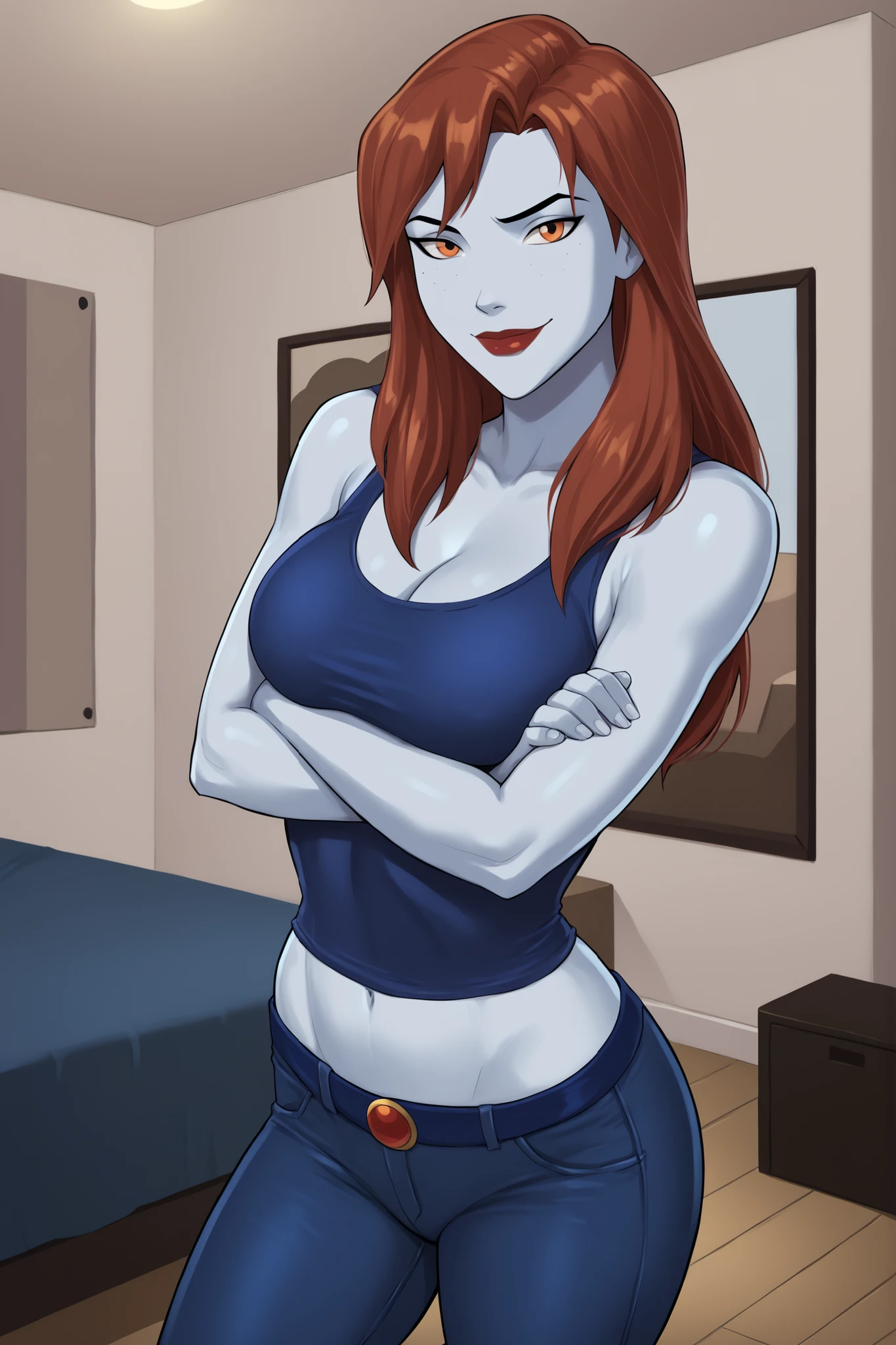 PonyXLV6_Scores BREAK (perfect anatomy, perfect eyes), BREAK mgann morzz, long hair, red hair, colored skin, frost white skin, orange eyes, makeup, dark red lipstick, ((looking at viewer)), superhero, blue tank top, blue jeans, curvy, athletic, large breasts, indoors, smile, bedroom, happy expression, standing, arms crossed, crossed arms, closed mouth