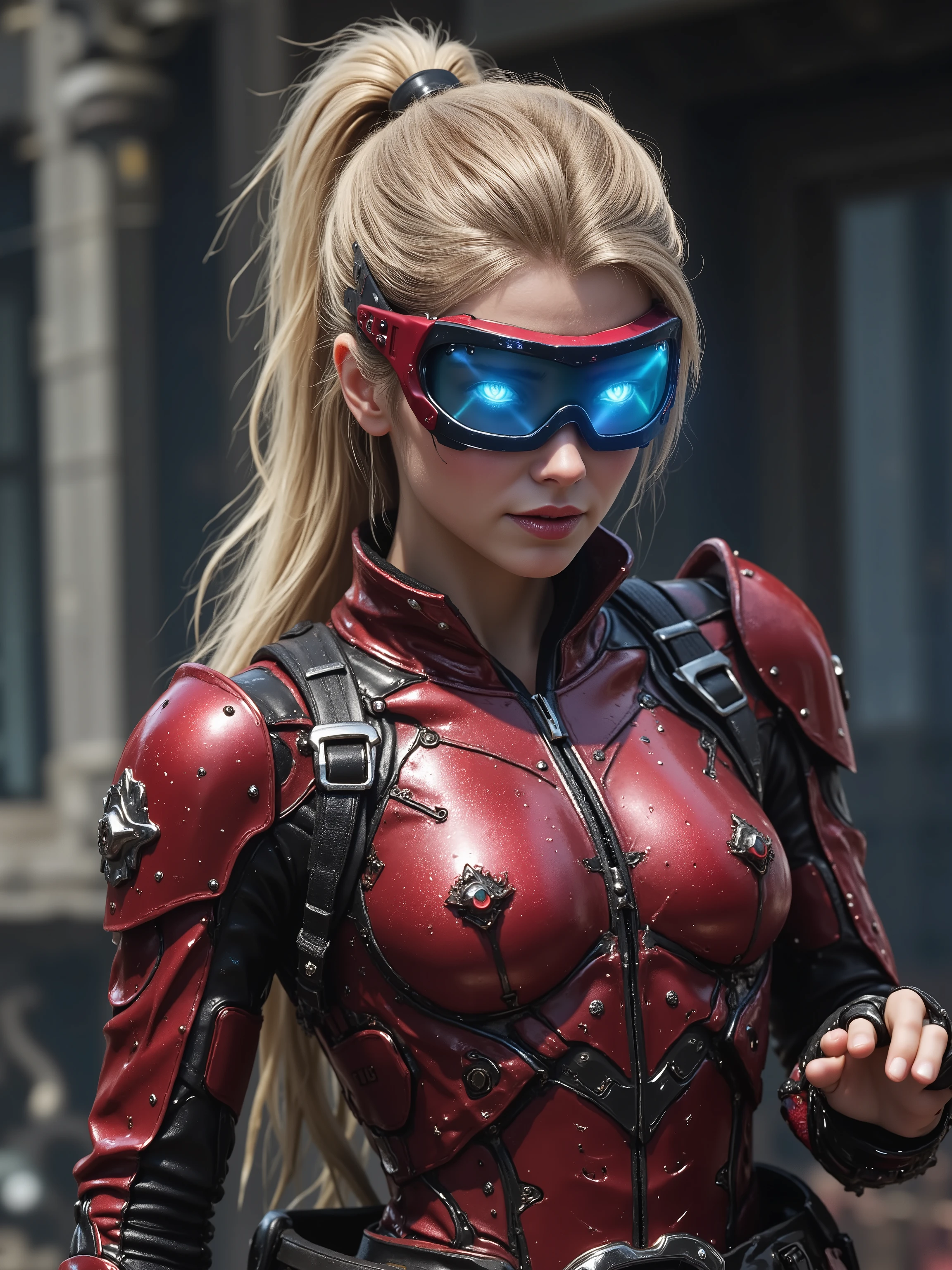 A stunning pretty young lady, blonde hair, thunder Blue eyes, high tech bodysuit, glowing blue fire eyes, longer hair, pony tail, holding a cellphone, gorgeous lady, full body image, glowing tattoos in her skin, glowing skin, Photorealistic, UHD, hyper realistic, high tech goggles and a headset, armor is red and black steel, lots of detail on her clothes