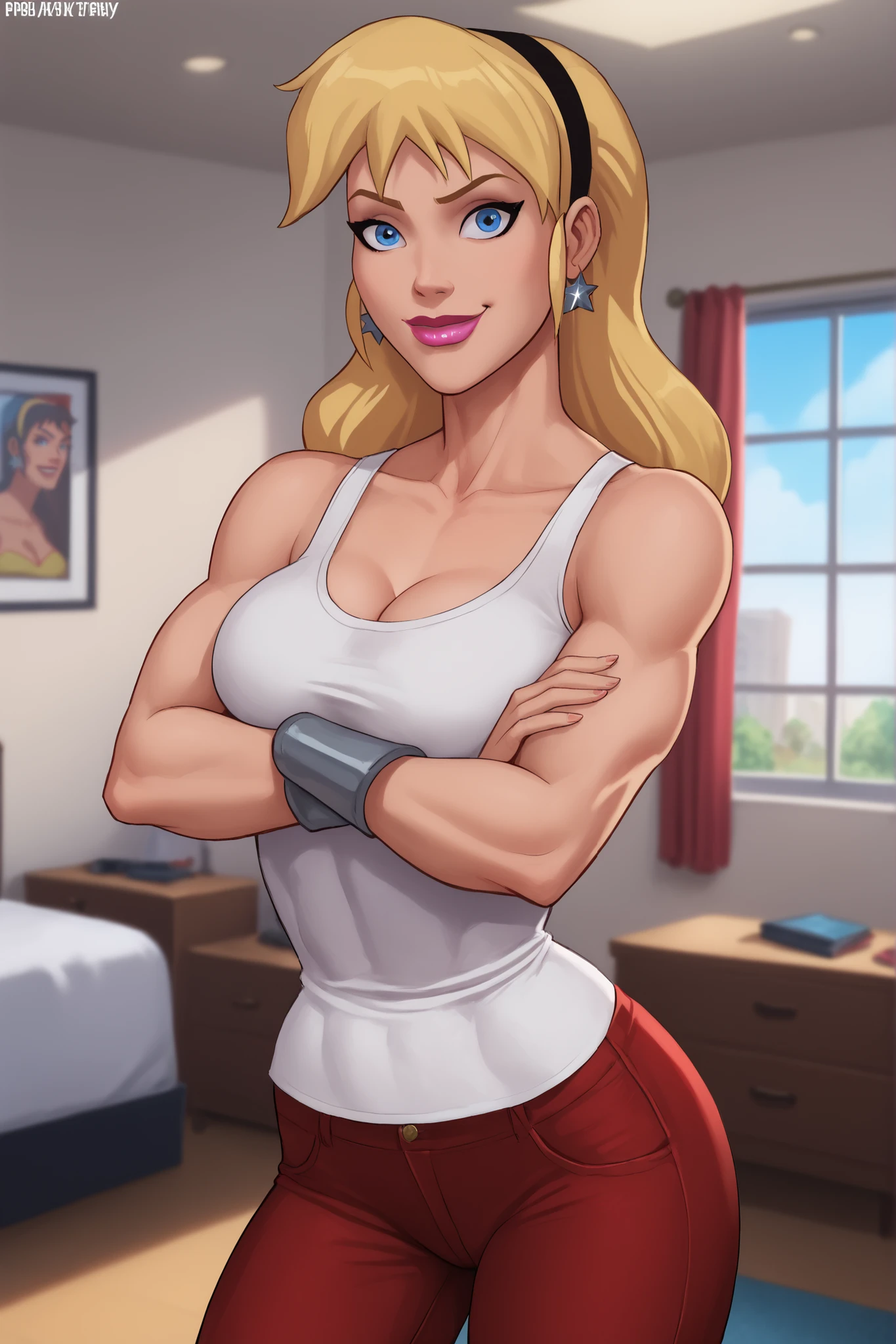 safe_pos, PonyXLV6_Scores BREAK (((parody style, parody:1.2)), perfect anatomy, cowboy shot) 1girl, blonde hair, blue eyes, ((looking at viewer)), hairband, star earrings, curvy, athletic, indoors, white tank top, red jeans, large breasts, smiling, closed mouth, standing, bright pink lipstick, happy expression, bedroom, arms crossed, crossed arms