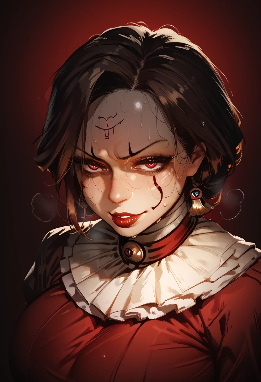 Nyl2 style, Pennywise, perfect face, perfect lighting, sexy lips, sexy female, thicc, huge breasts, large breasts, sweat, high quality skin texture, skin pores, hair follicles, structured face, mature female, 