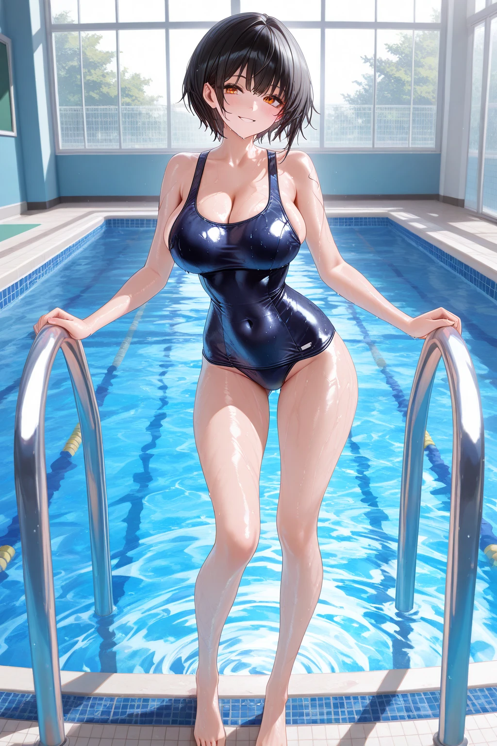 (masterpiece:1.2, highest quality), (Realistic, photoRealistic:1.4), Beautiful illustrations, (Natural Side Lighting, Cinema Lighting),
Looking at the audience, Upper Body, (Front view), (1 girl:1.5), Japanese, high school girl, Perfect Face, Symmetrical cute face, Shiny skin, Baby Face,
(short hair:1.5, Pixie Cut:1.4), Tie your bangs back, Red eyes, Long eyelashes, (huge Breasts), (wide hips:1.3),plump thighs,Beautiful Hair, Beautiful Face, Fine and beautiful eyes, Beautiful clavicle, Beautiful body, Beautiful breasts, Beautiful thighs, Beautiful legs, Beautiful fingers, (dark blue Swimsuit:1.2),(one-piece swimsuit), (high-leg swimsuit),(halter-necked swimsuit:1.5),wet body,(She is climbing the stainless steel stairs by the pool: 1.5),(Beautiful views), night Pool, (Cute Smile, Upper Eye), nsfw,wet spandex,(camel toe:1.2),