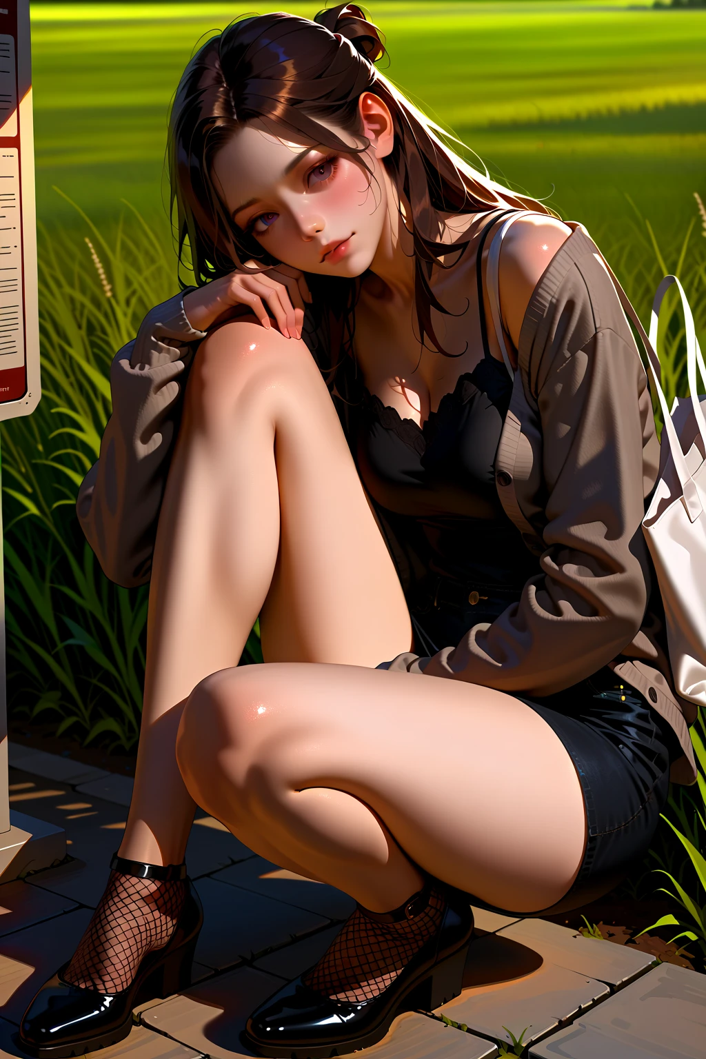 masterpiece、Top image quality、1人の女性、Beautiful woman sitting on the stairs、legs slightly open、Colorful casual attire、Fashionable、Detailed facial expressions、Detailed eye、Detailed nose、Detailed lips、hugetits、Female proportions considered everywhere、Skyscraper District、Sunset between buildings、Large circular earrings、beauty legs