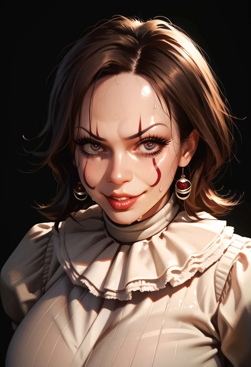 Nyl2 style, Pennywise, perfect face, perfect lighting, sexy lips, sexy female, thicc, huge breasts, large breasts, sweat, high quality skin texture, skin pores, hair follicles, structured face, mature female,