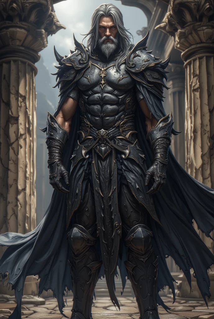 A half orc man, Scrawny, in paladin's garb, made with gothic and slightly thick lines, with detailed pupil, In anime strokes