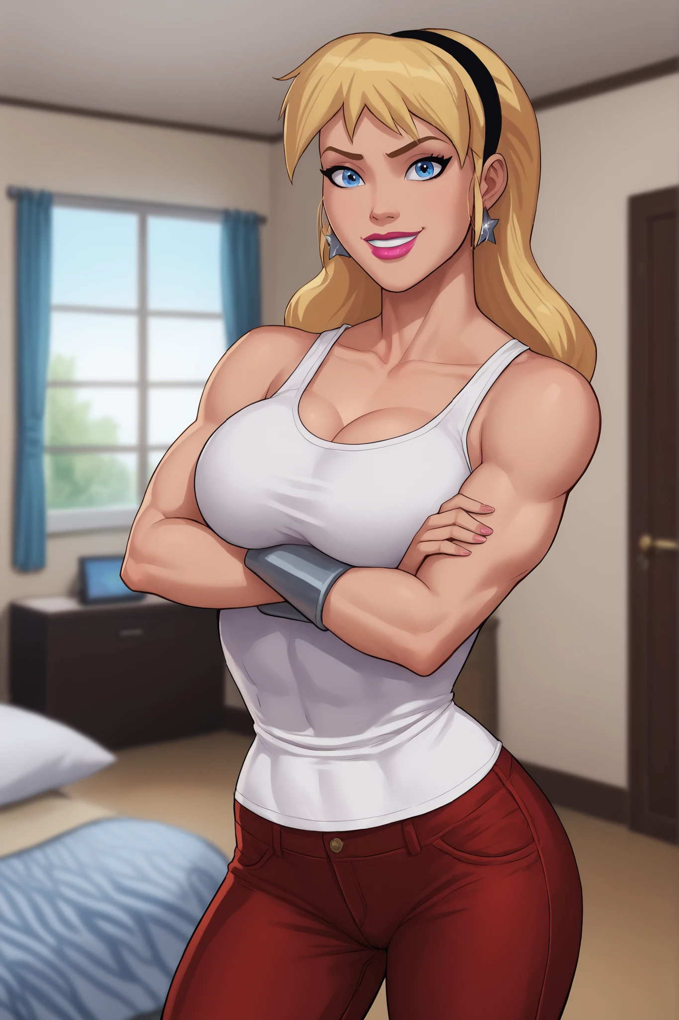 safe_pos, PonyXLV6_Scores BREAK (((parody style, parody:1.2)), perfect anatomy, cowboy shot) 1girl, blonde hair, blue eyes, ((looking at viewer)), hairband, star earrings,  curvy,  athletic, indoors,  white tank top, red jeans, large breasts, smiling, closed mouth, standing, bright pink lipstick, happy expression, bedroom, arms crossed, crossed arms 