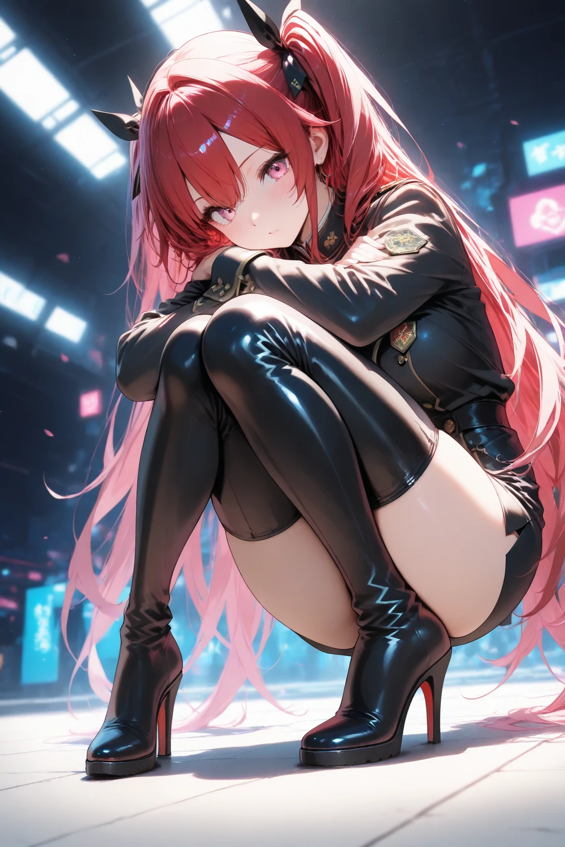 best quality, insanely detailed, nino nakano, breasts, blush, looking at viewer, cheerful eyes, arousal, long sleeve leotard, highleg leotard, athletic leotard, tight leotard, pussy, full body, spread legs, masturbation, nsfw, roof top background, airwalking, pussy line