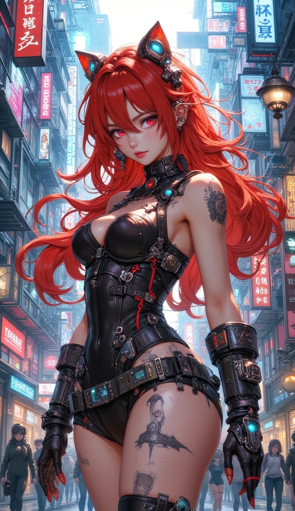 ((Create, Red-haired young girl-16+), (full height, very beautiful, long red hair, smooth clean, white skin, open body, bare shoulders))_ ((Red and black short evening dress), (dear jewelry, esoteric symbols, cyberpunk implants, electronic technology), (expensive futuristic jewelry on the body), (tattoos)), (her body is grace, elegance, ideal figure, a girl with long red hair, waist-length), (black metal , leather corset, rock stars), (demonic image, body in tattoos), (corset of belts, fasteners and fastenings, electronic implants woven into her outfit), (Goddess of Darkness, angel of the cyber World.), (magic amulets on breasts, cabalistic symbolism))_((Dynamic expressive image, detailed skin texture, graceful figure, sexy girlfriend, tattoos, erotic, dark angel)), (( NSFW))_(((Bright, anime style, cyberpunk), (Stylized Italian Renaissance, great art ), (magic and cyberpunk mixed together), (distant esoteric future, high technology - magic), (masterpiece, highest quality, background - futuristic horror style, engineering structures, temple of cyber technology))_ ((Clear frame, soft shadows , contrasting light), (warm range of colors, golden light, contrasting light with cold backlighting from the side, expressing volume and shape))_ ((Stylized 3D visualization imitating comic book graphic technique), (clear line, clear outline, shading, color fill))_((High quality, 4K | Ultra HD | Full HD, cinematic rendering)).