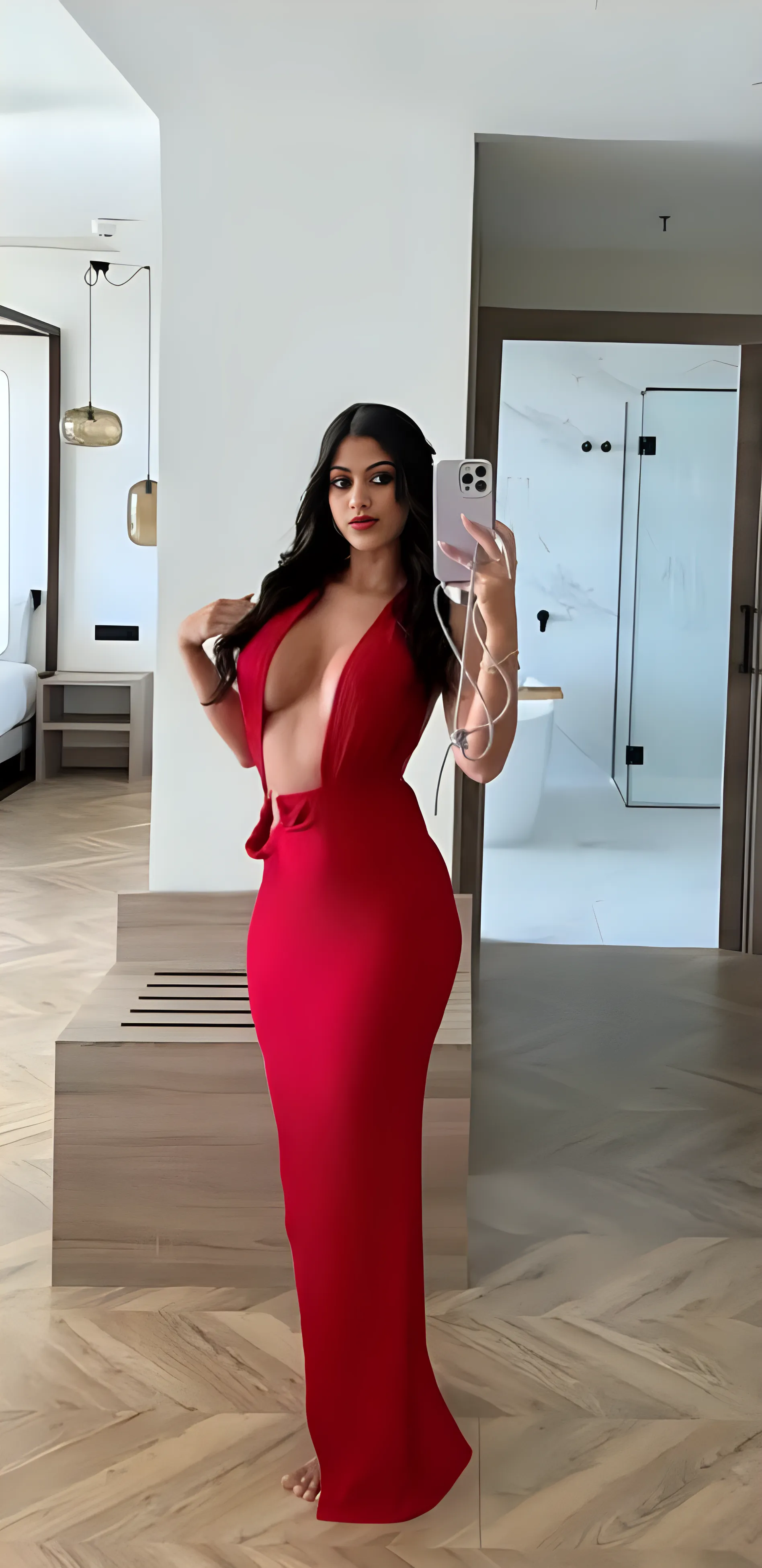 a woman posing for a picture, arabic goddess, arabic, beautiful goddess, middle eastern girl, arabic super model, beautiful, gorgeous woman, middle eastern with long, sweet shy arabic, gorgeous beautiful woman, beautiful middle eastern girl, extremely detailed, jaw-dropping beauty, big deep cleavage, very sweet look, charming girl, simple tight dress, tight maxi dress, on a red Carpet, modern mall, beautiful girl in a tight dress, gray wall behind her, ((red latex tight dress)) direct light, red carpet light , dark light, ((k-cup breasts, huge breasts))) black wall behind her , ((Kim k body))), showing off her butt to the camera, turning back to look at the camera, playfully turning around to look at the camera while walking away , showing her butt to the camera