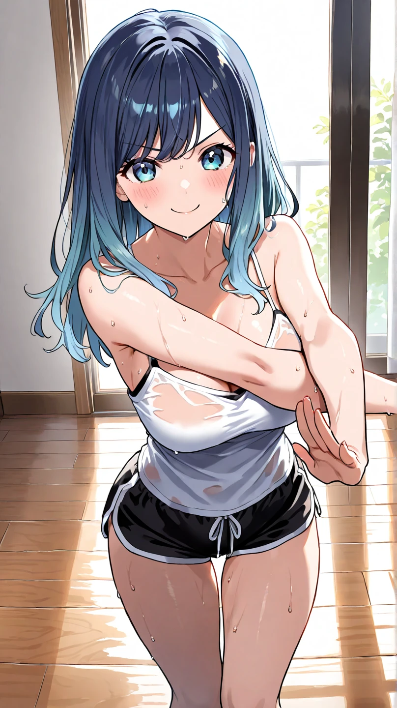 Cabello largo plateado, ojos verdes, tank top, sport bloomers, sonrisa, happy, wings, muslos hermosos, sentado, piernas separadas, inside house, tattoo