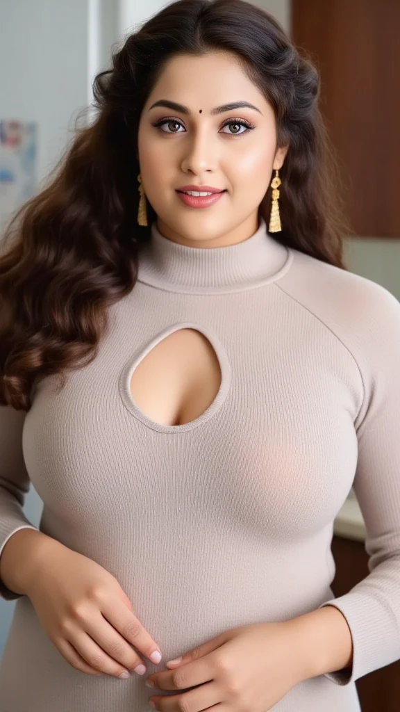 Random theme, random colour, random view, fantasy, SFW, SFW, Neon lights, focus glowing spex, Cinematic, natural beauty, very Huge , heavy thighs, full body, heavy woman, age 32, weight 80, Shining clothes, neon glow, multicolour, red, black, Glittering red, heavy voluptous lady, big , heavy hip, Masterpiece, 32K UHD, award-winning photos, extremely detailed, amazing, fine detail, the most beautiful and sexy Brazilian woman, highly detailed, smiling woman, long brown hair in a ponytail, glowing blue eyes, wearing highly detailed graphic tshirt skinny skirt and purse, extremely detailed eyes and face, glare eyes, super huge enormously gigantic breasts, cleavage showing, bare back, sensual,