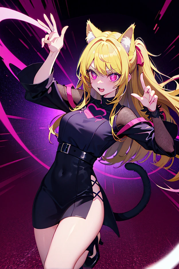 1girl, gyaru, , choker, miniskirt, fishnet stockings, cleavage, c-cup breasts, blonde pink and purple hair highlights, voluptious, eye shadow, dark eyeliner, thick thighs, hot as fuck, best quality,