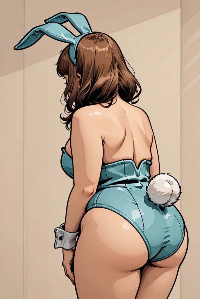 score_9, score_8_up, score_7_up, source_anime, BREAK 1girl, solo, ade, brown eyes, round glasses, brown hair, bangs, medium hair, playboy bunny, leotard, black pantyhose, huge breasts, cleavage, blush, naughty face, wide hips, contrapposto, indoors, white bow, wrist cuffs, detached collar, hairband, condom in cleavage, ass focus, from behind, from below, squatting