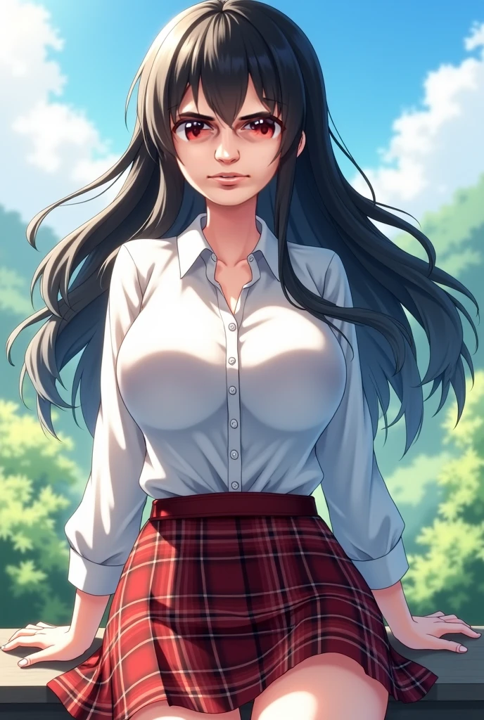 olgdmi, 1girl, solo, long hair, looking at viewer, skirt, brown hair, shirt, school uniform, green eyes, white shirt, outdoors, parted lips, day, belt, dark skin, dark-skinned female, tree, sunlight, ground vehicle, motor vehicle, car <lora:olgdmi:0.55>