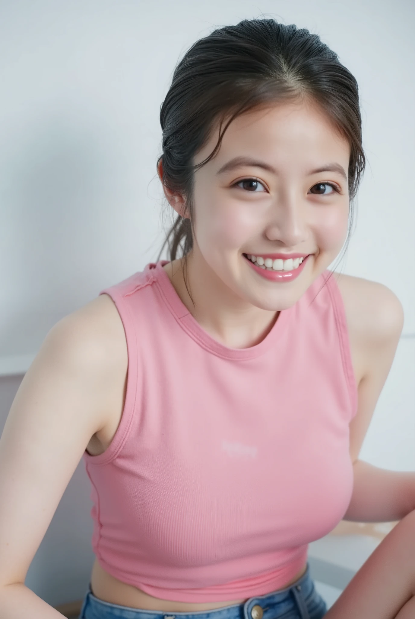 high quality photos, Japanese woman, smile, show me teeth, ponytail, pink sleeveless, denim shorts