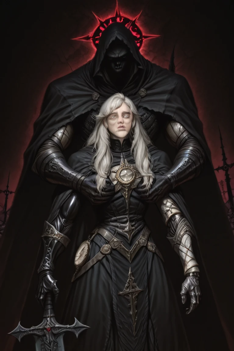 A tall and muscular man, with hair ashen blond and eyes gray, with a prosthetic metal left arm carrying a great sword, dress in leather black armor with a dark clock cape, a veteran harden warrior, with a sad menacing look in his face, between 20 and 30 years all, in a dark menacing wood