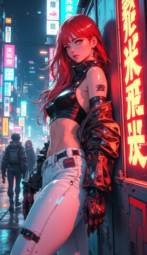 (masterpiece)), ((best quality)), (ultra-detailed), wallpaper, highest quality, dynamic pose, anime girl in skimpy clothes standing in a city looking up, 1girl, cleavage, large breasts, solo, navel, leather jacket, smile, leather skirt, long hair, looking at viewer, green eyes, sky, open mouth, cityscape, skyscraper, open jacket, open clothes, :d, underboob, red jacket, city, building, pleated skirt, red hair, off shoulder, bare shoulders, stomach, sleeveless