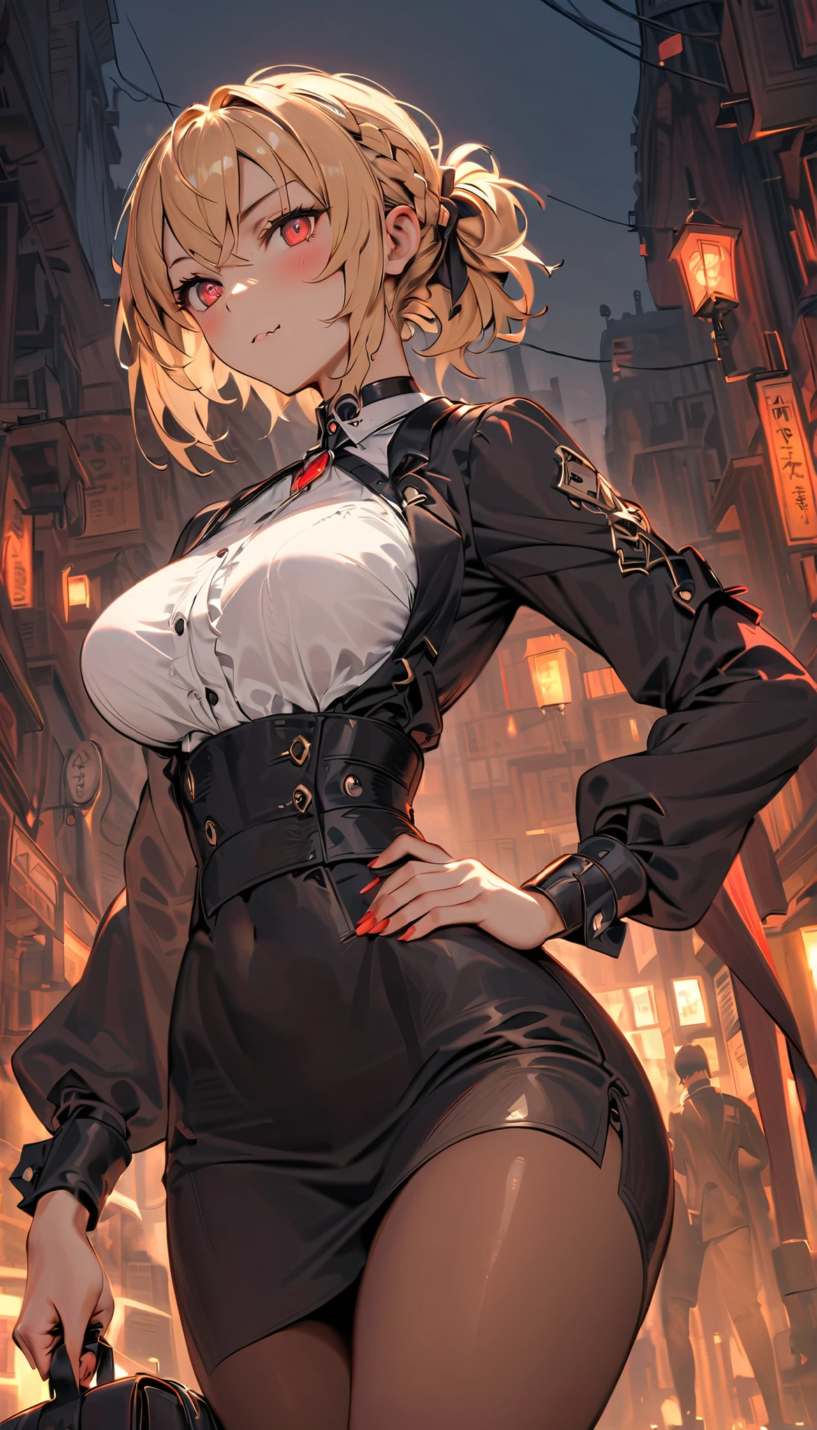 (((best quality))), ((masterpiece)), (((high resolution))), ultra HD, RAW photo, 8K, cinematic lighting, ((glowing crimson red eyes)), pale ivory skin with a moonlit glow, (long golden blonde hair in a thick braid tied with a blood-red ribbon), subtle fang, elegant and confident expression, blush
slim and mature petite figure, toned college-age proportions, narrow waist, small bust, full hips, balanced anatomy, no like features
wearing sleek and elegant gothic casual wear: deep red satin blouse with long sleeves and lace cuffs, high-waisted black pencil skirt or flowing midi skirt with layered ruffles, sheer black tights, heeled ankle boots, delicate silver choker with red gemstone, stylish leather shoulder bag, crimson nail polish, modern vampire style
standing under city lights on a stone walkway, glowing gothic architecture in background, full moon above, soft fog and red ambient light, modern but fantasy-inspired gothic atmosphere