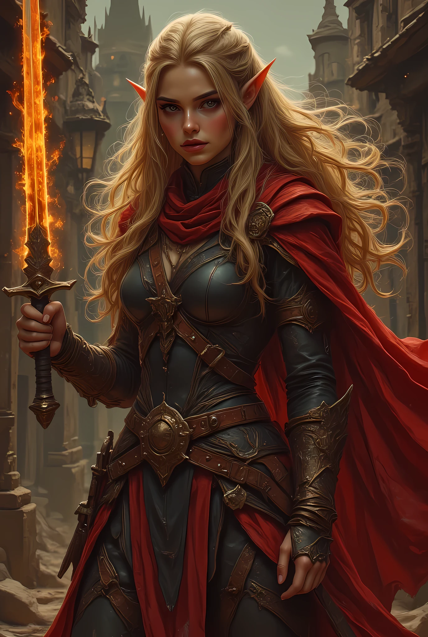 a pin up snapshot picture of a female elf, fantasy swashbuckler, fantasy fencer, armed with a slim fiery sword, metallic shine, full body, epic beautiful female elf, blond hair, long hair, billowing hair, small pointed ears, wearing  red cloak, long cloak,  (red cloak: 1.3) wearing elven intricate leather shirt, small cleavage, sense of daring, sense of adventure fantasy street, high details, best quality, 16k, [ultra detailed], masterpiece, best quality, (extremely detailed), dynamic angle, ultra wide shot, photorealistic, RAW, fantasy art, realistic art,((best quality)), ((masterpiece)), (detailed), perfect face, fantasy, niji, gothic, erotic, anime