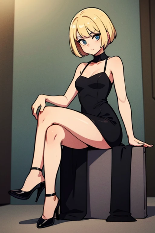 (masterpiece:1.2, best quality), 1girl, solo, short hair, blonde hair, blue eyes, red hat, black T-shirt, black thighhighs, red dress, room, sexy
