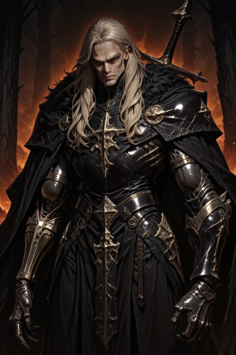 A tall and muscular man with hair ashen blond, with a prosthetic metal left arm carrying a great sword dress in leather black armor with a dark cape