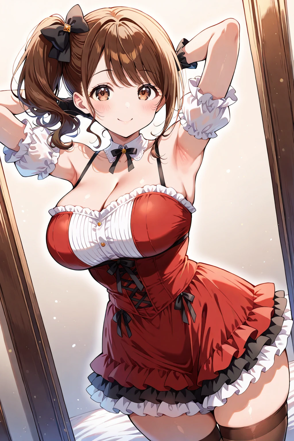 (super fine illustration:1.2),(masterpiece, 8k), (best quality, high quality:1.4), perfect anatomy, hyper detailed, ultra detailed,masterpiece background,beautiful detailed background, v8k wallpaper,perfect design,award-winning art,atmospheric,
BREAK, (Cute:1.5),(Chibi:0.6),(kawaii:1.5),(:0.5),BREAK,1 beautiful girl, (17 years old girl), Very detailed, colourfull, highest details, BREAK, (Huge breasts: 1. 2), Clear skin, Beautiful skin, Shy skin, 1 beautiful girl, (Brown hair:1.75), (Cat ears, Ponytail, medium-Long hair: 1. 2), (Light blue eyes, long eyelashes, Double eyelids: 1. 2),Solo,gleaming skin, Clear skin, Beautiful skin,(best quality face),(Top quality glowing eyes),(The best smile,:D:1.45), nose blush, sleepy, grin, open mouth, skin,Clear skin, Beautiful skin,( A smile:1.5), //Character
1girl,
BREAK
//Fashion
Sweet Strawberry Sorbet,
Choose a dress with an adorable strawberry print, featuring vibrant red berries against a white or pastel background for a sweet and playful look,
BREAK
Crown the outfit with a headband adorned with green leaves, mimicking the leaves of a strawberry plant,
BREAK
Carry a cute strawberry-shaped handbag to complement the theme and add a whimsical touch to the ensemble,
BREAK
Complete the costume with red ballet flats or shoes, tying together the strawberry-inspired color scheme,
BREAK
BREAK,wakame,wakame,wakame,(arms breasts,from front ,cowboy shot:1.5) ,
BREAK,(Blurry background:1.3),(absurderes, hight resolution, Super Detail Art),cel shading,Clear Color, Lonely optical effect, Beautiful pictures, Bright glow, mystic atmosphere,(Close-up of girl:0.8), Mystical light particle effect,manga influence, clean line drawings
