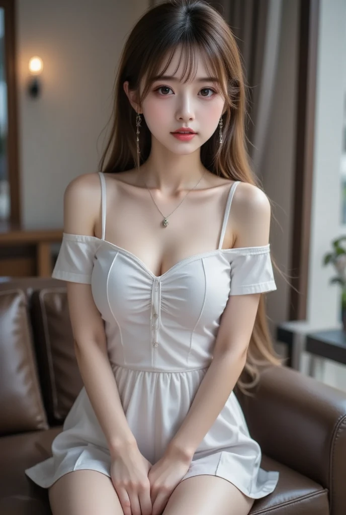 Clothes pull skirt pull dress pull shirt pull sweater pull wind wind lift ((Large Breasts)), ((D cup)), Visible cleavage，Highly detailed face and skin texture，((Bare shoulders)), Double eyelids，Skin Whitening，Long hair，Whitening long legs，Standing by the sea, Fashion Girl, Red lips, Sweet girl, Beautiful makeup, detail, lifelike, Very detailed, amazing, beautiful, Young and energetic, high quality，HD, rich and colorful， fine, Smooth skin, The skirt is very short, Official Art, Extremely detailed, Movie atmosphere, Soft colors, Natural skin texture, Random Scenes, Random shooting angle, Black knee socks, Lace hem