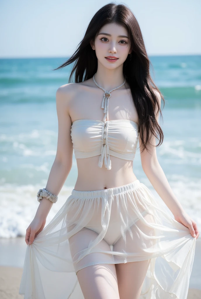 Beautiful woman with perfect body:1.4,Layered Hairstyle,Prominent cleavage,Highly detailed face and skin textures,Double eyelids,Skin Whitening,Long hair,Whitened long legs,(Random colored clothes)Standing by the sea