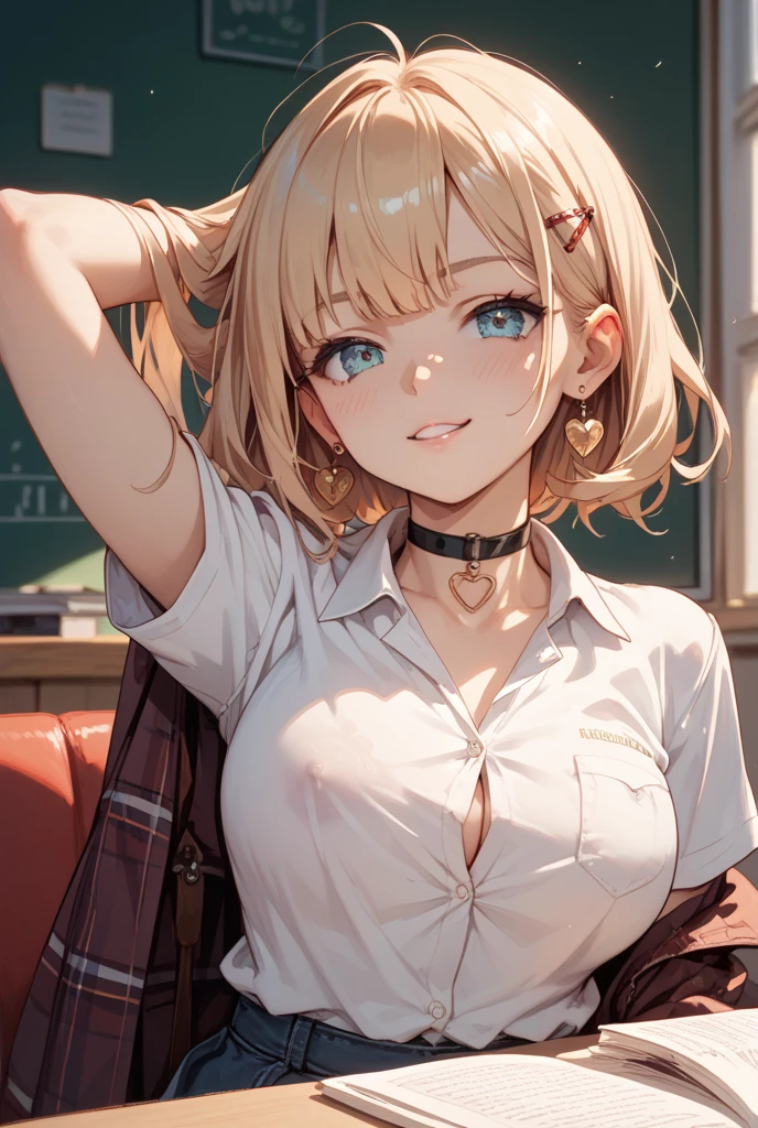 beautiful detailed eyes, beautiful detailed lips, extremely detailed eyes and face, long eyelashes, 1girl, , bored expression, looking down, hand on breast, large breasts, classroom setting, detailed background, (best quality,4k,8k,highres,masterpiece:1.2),ultra-detailed,HDR,UHD,studio lighting,ultra-fine painting,sharp focus,physically-based rendering,extreme detail description,professional,vivid colors,bokeh,portrait, kushida Kikyou ,blonde hair,  